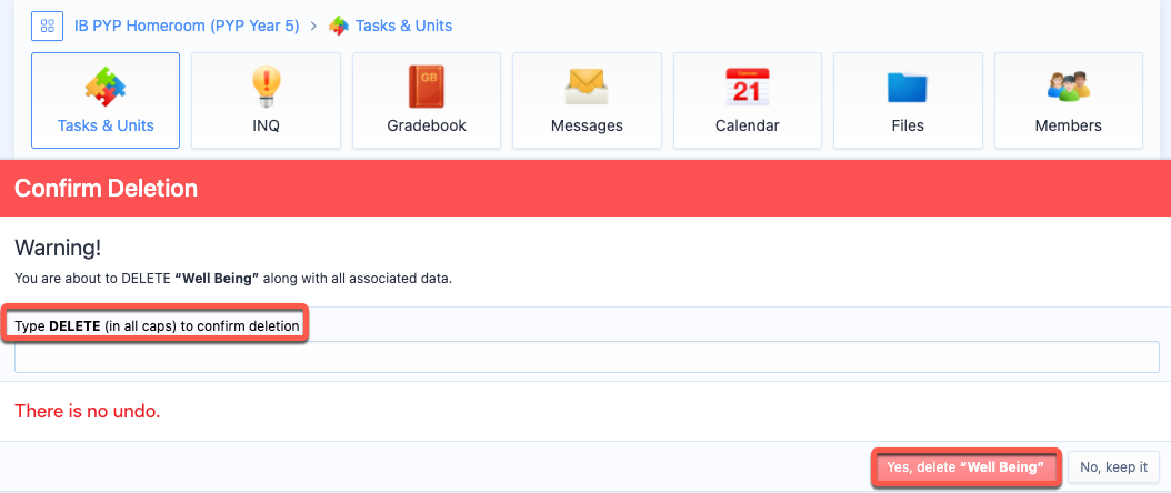 Delete Unit Confirmation Screenshot