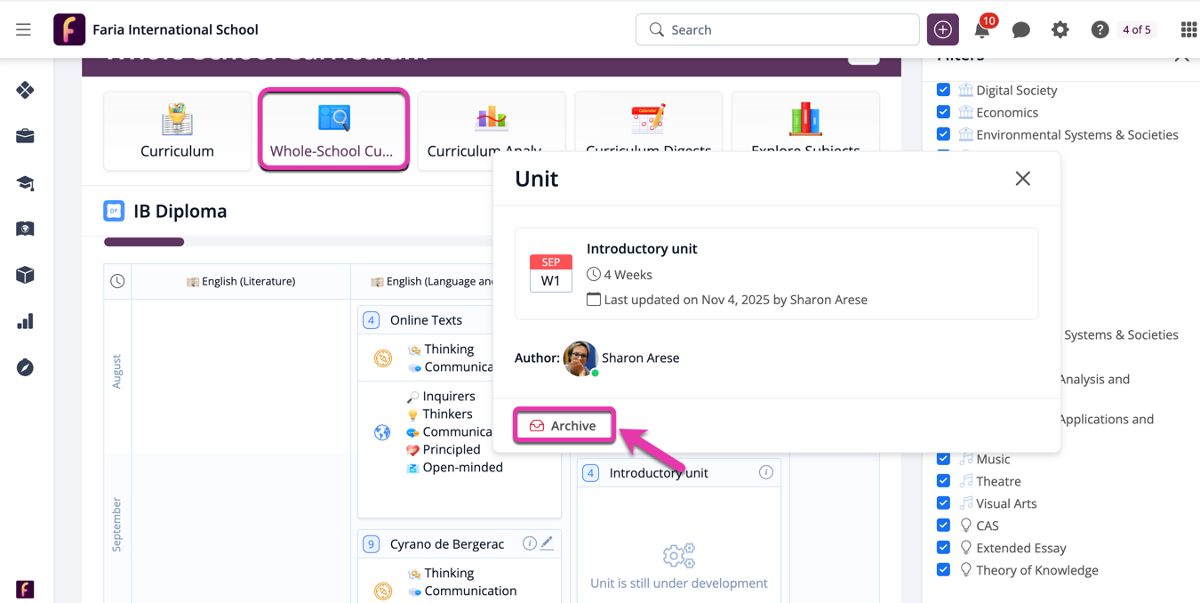 Archiving Units via Curriculum View