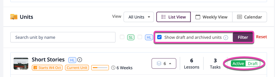 Filter Draft and Archived Units Screenshot