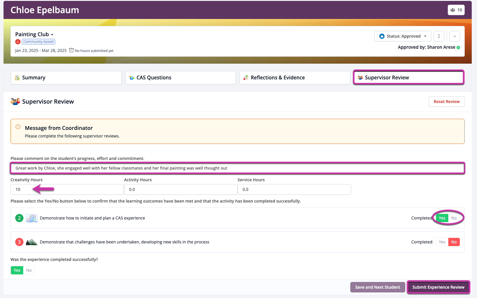 Supervisor review form
