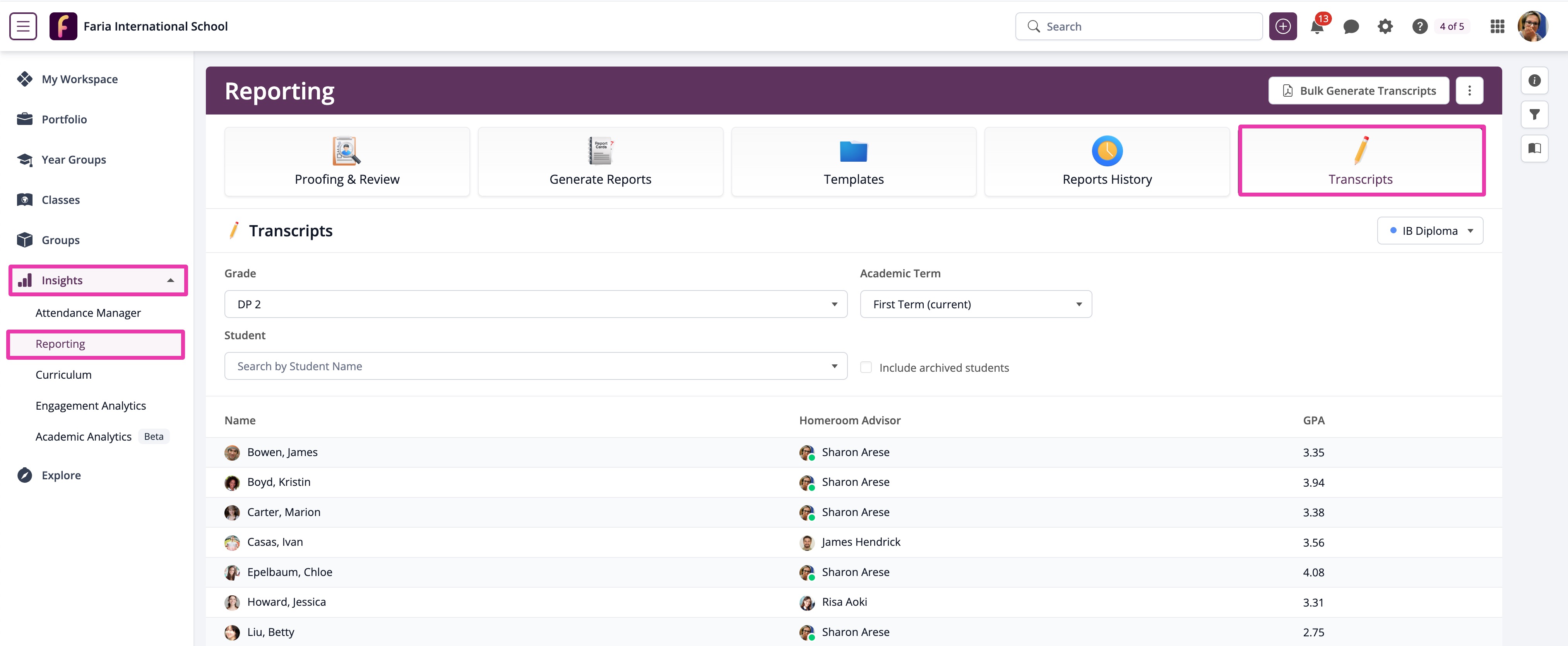 Insights > Reporting > Transcripts