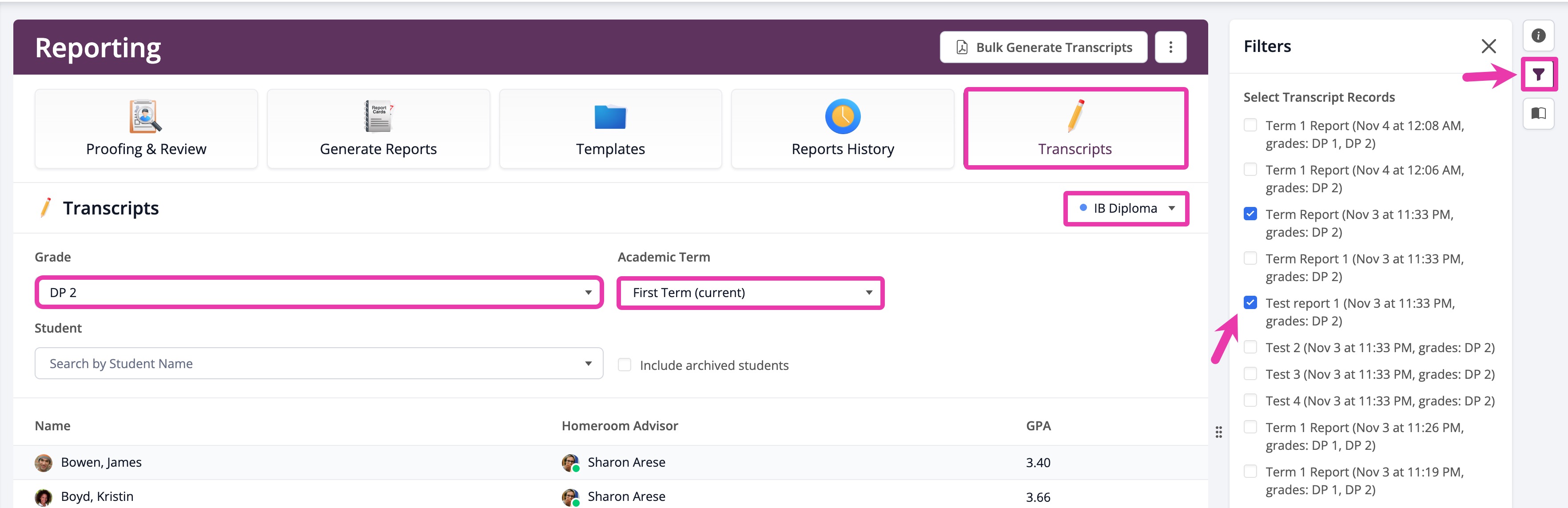 Transcripts > Filter > Select Transcript Records