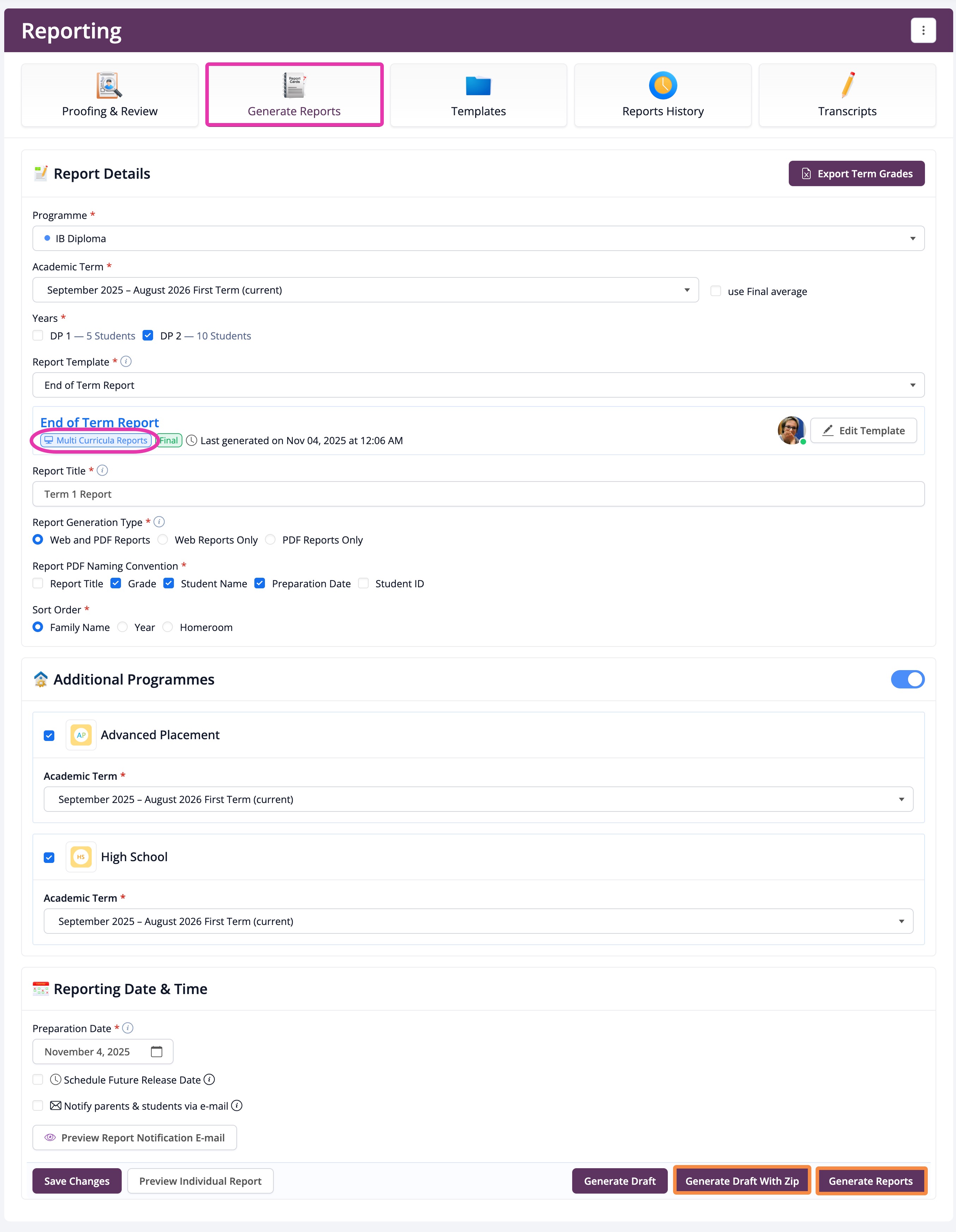 Reporting > Generate Reports page