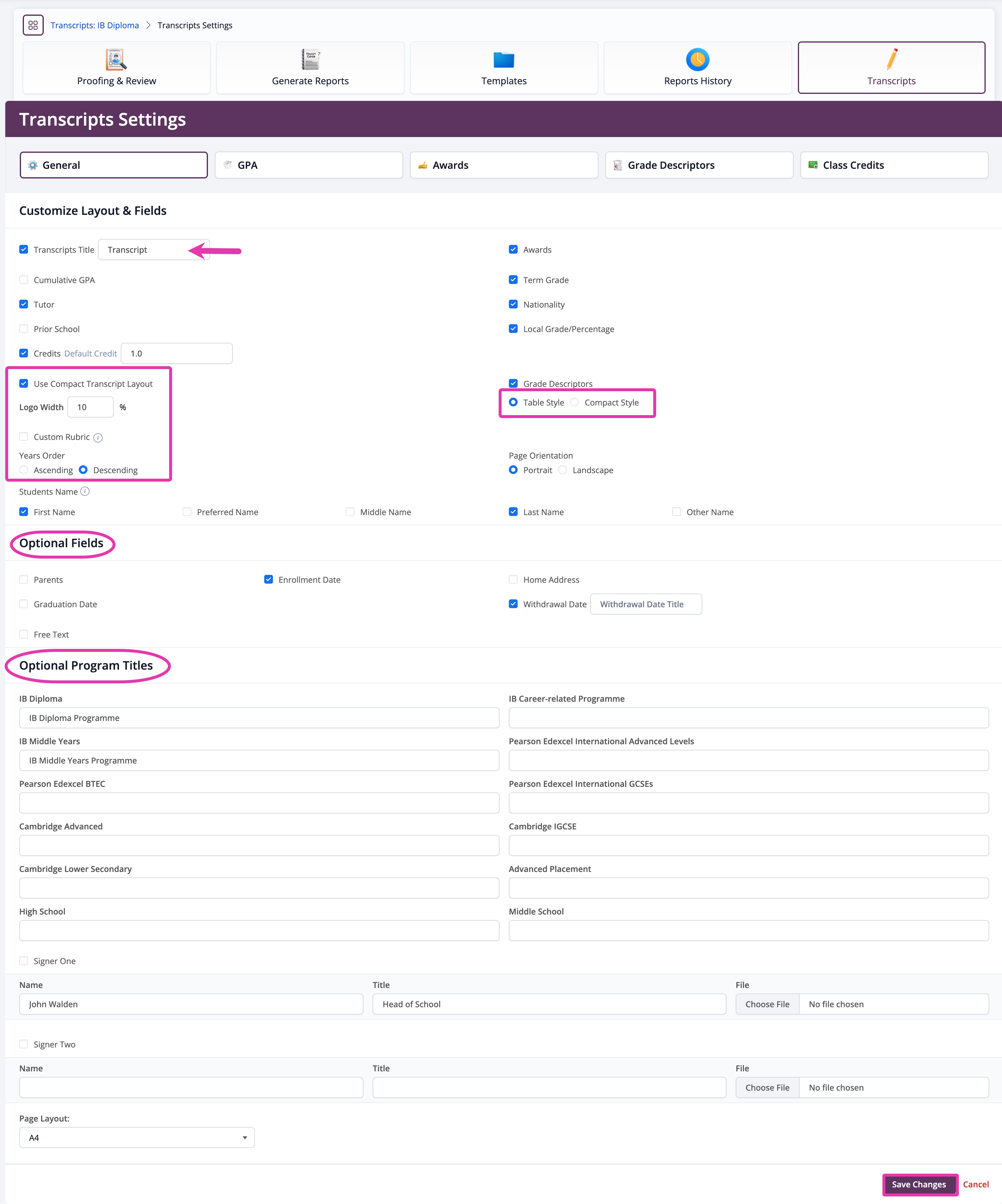 Transcripts Settings Page