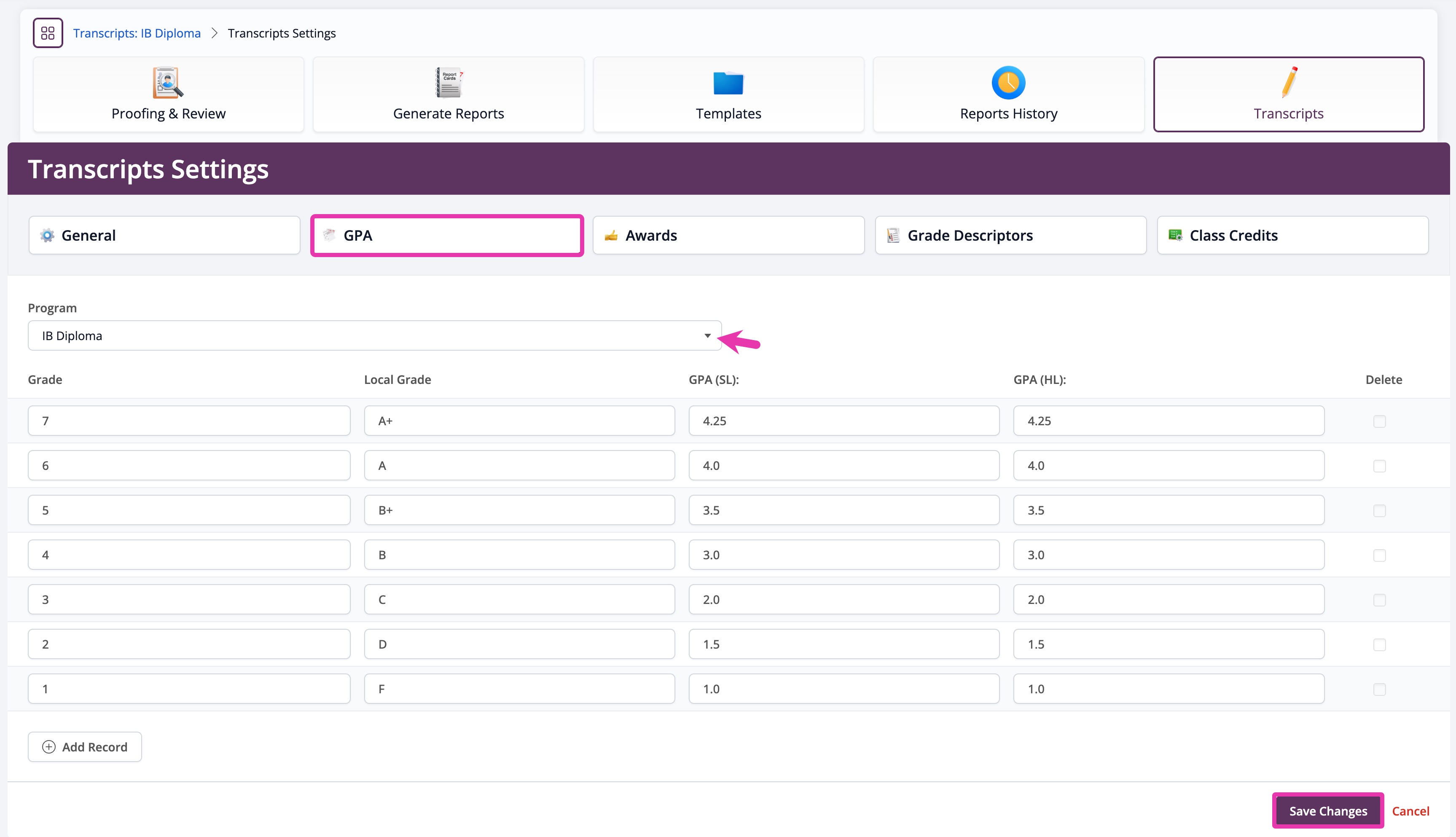 Transcripts Settings > GPA