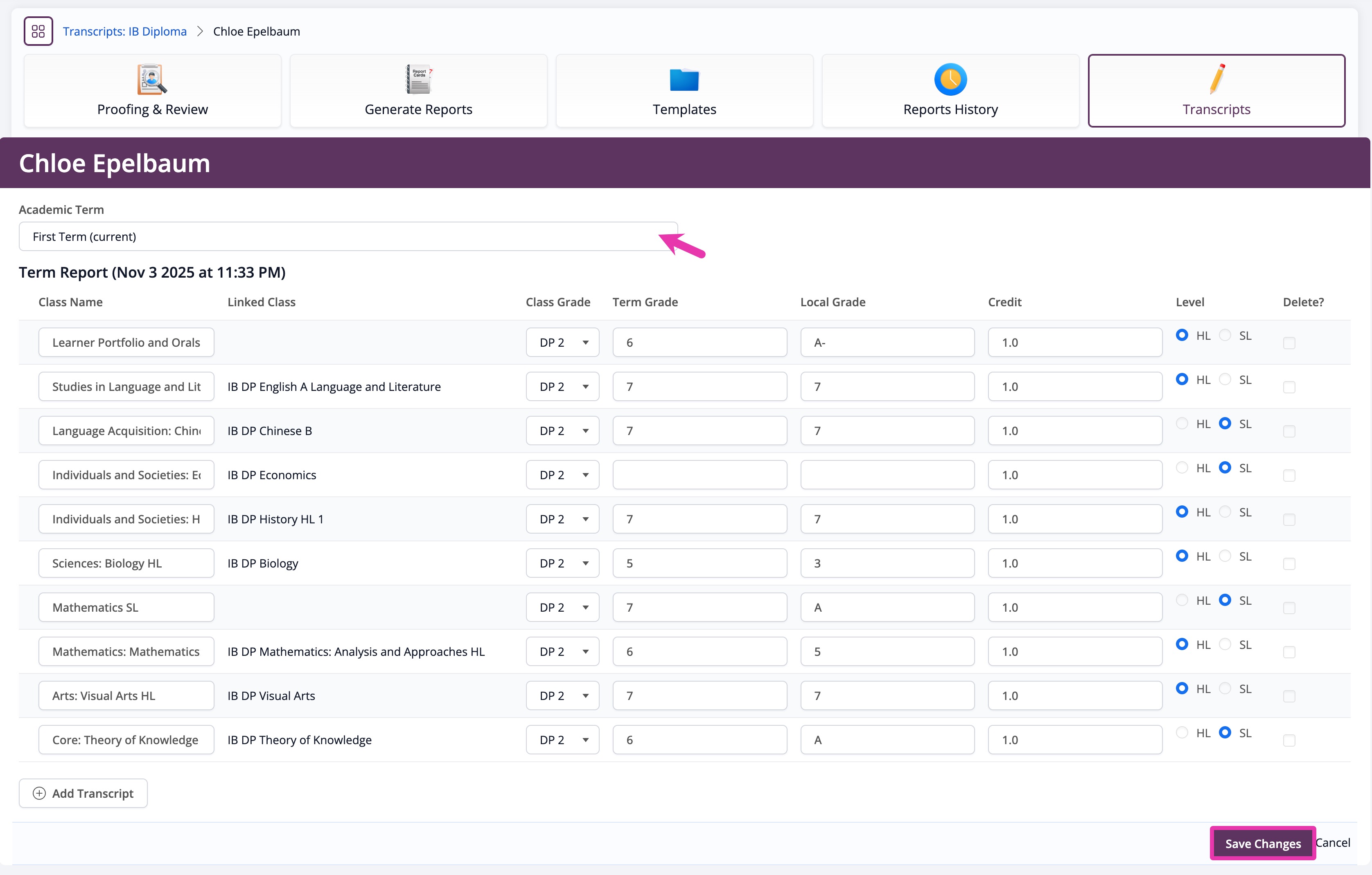 Transcripts > Student > Editing transcripts page