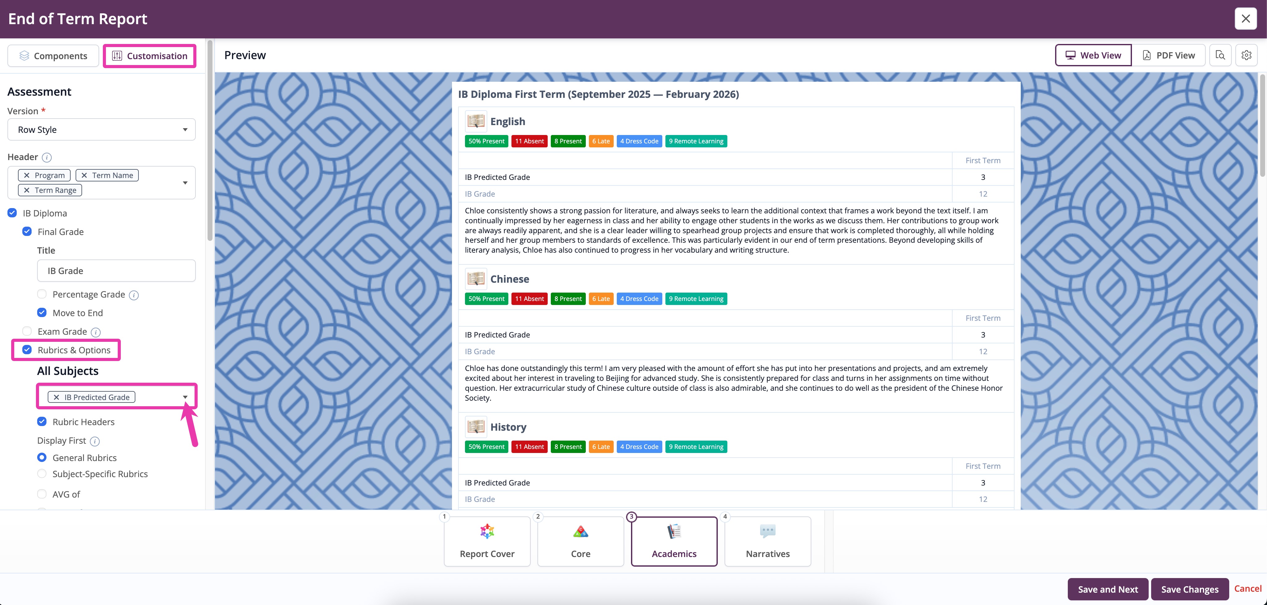 Template > Customisation > Rubrics and options