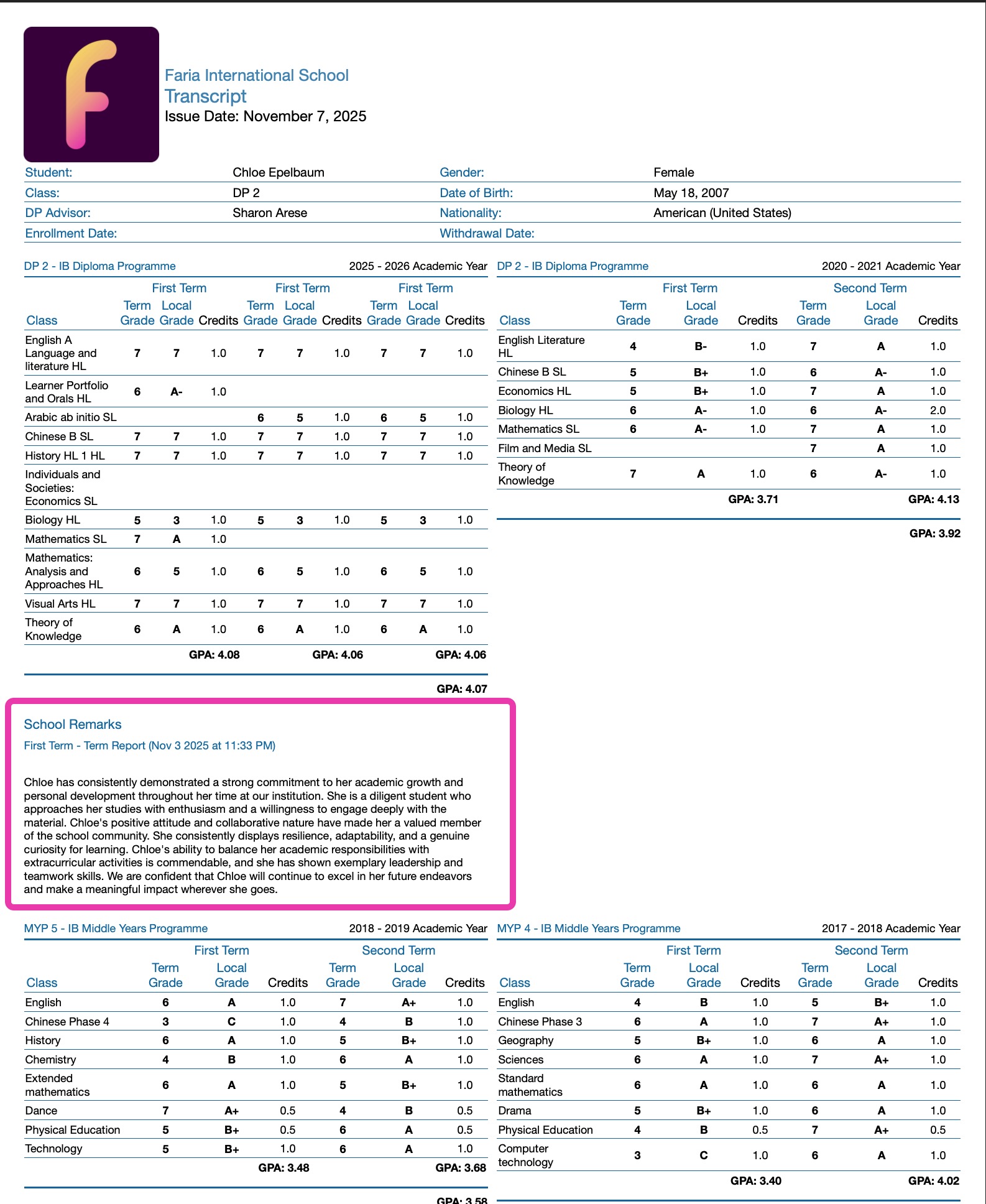 Generated transcript > School Remarks section