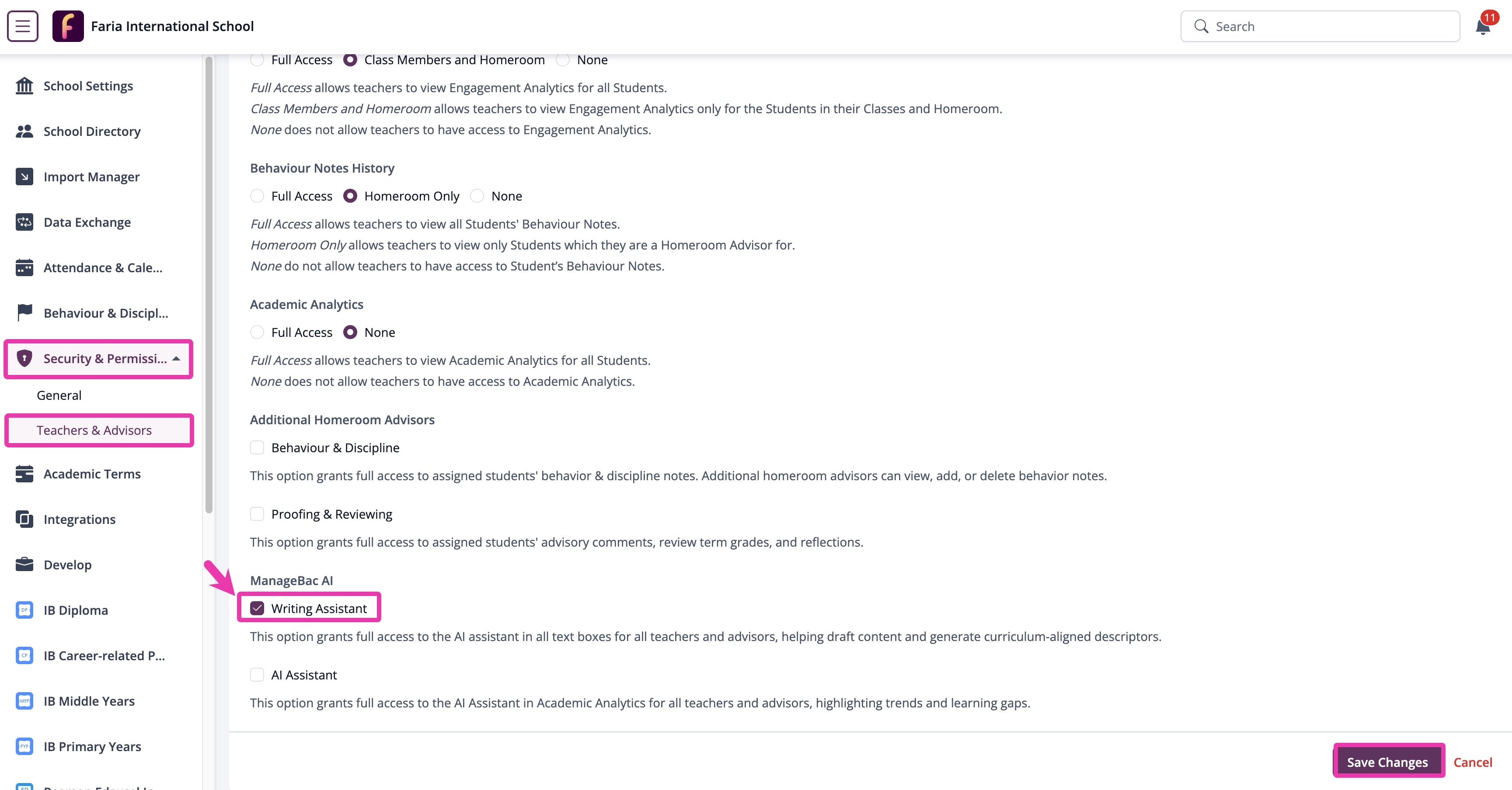 Settings > Security & Permissions > Teachers & Advisors > Default Permissions> Writing Assistant.jpg