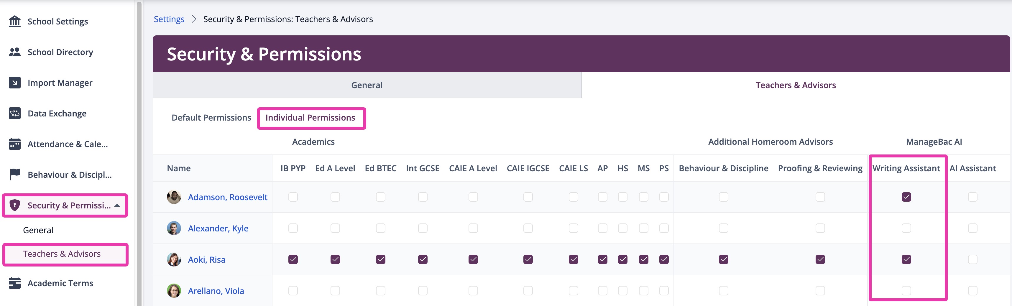 Settings > Security & Permissions > Teachers & Advisors > Individual Permissions and selecting Writing Assistant.jpg