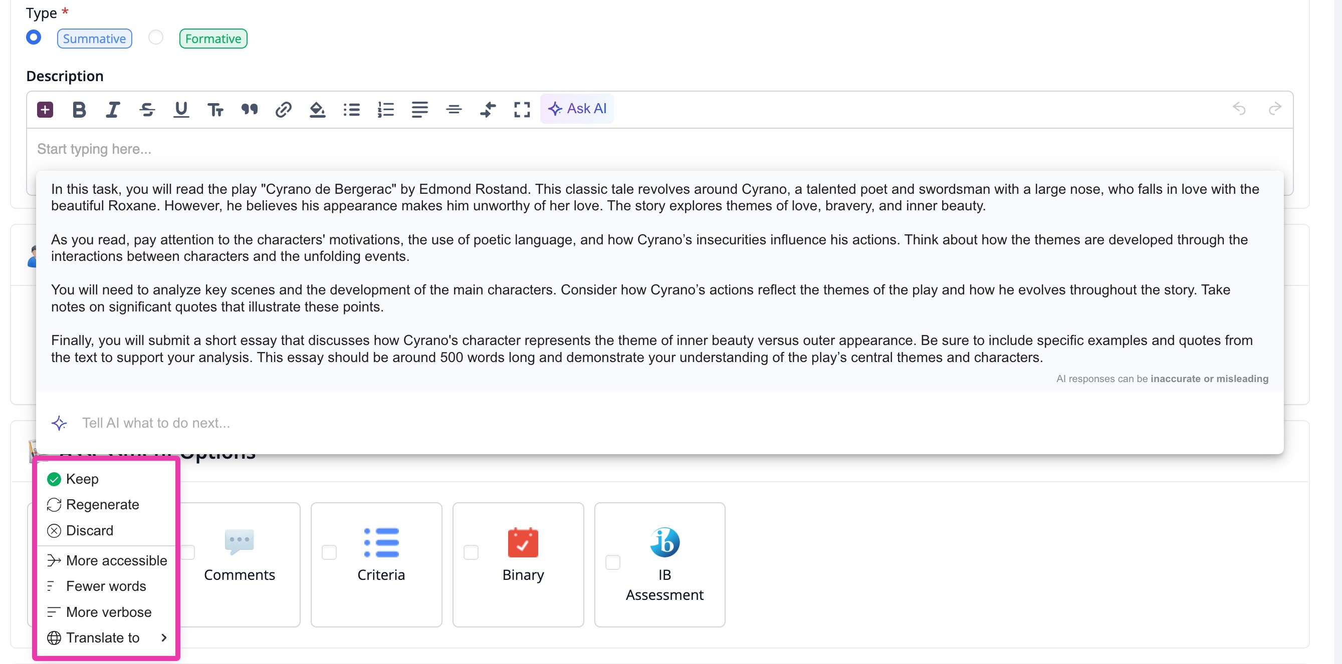 refine the AI-generated text using prompt shortcuts and choose whether to insert it into the editor with Keep or remove it with Discard.jpg