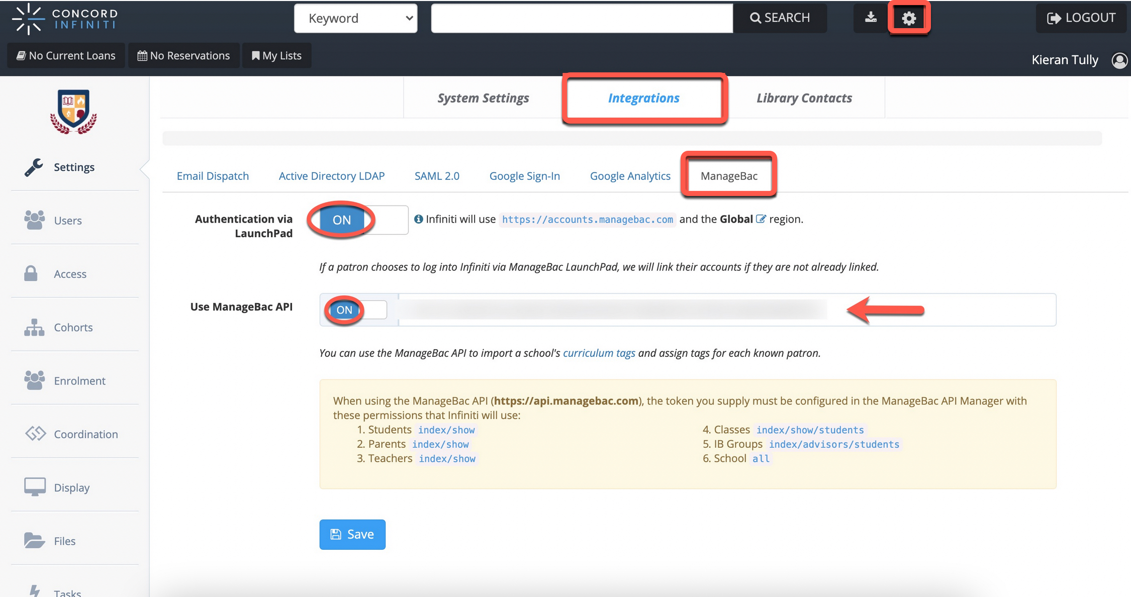 Ajustes de integración de ManageBac en Infiniti