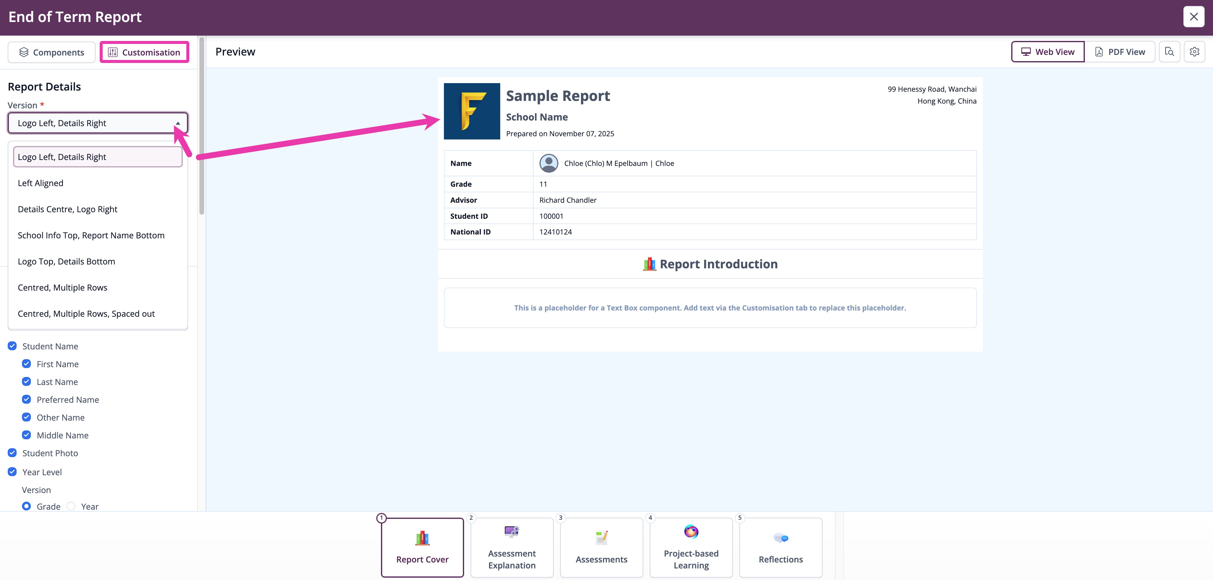 Student Details or Report Details, also come pre-built with different versions in their layout to allow for even greater customisation of the report card template.jpg