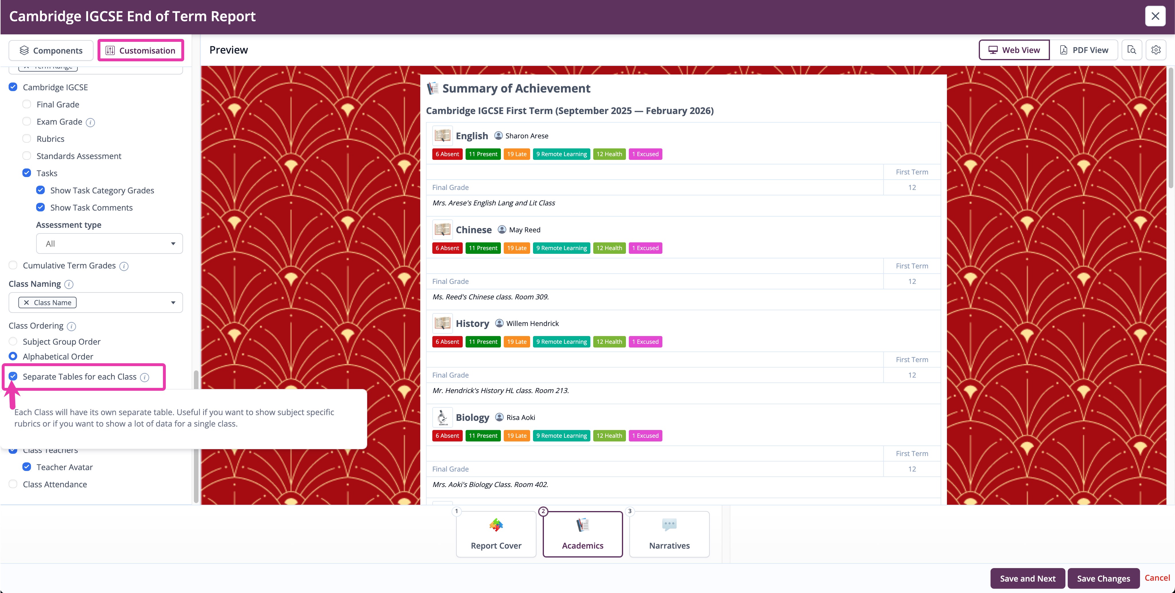 select the&nbsp;Separate tables for each Class&nbsp;box in the&nbsp;Assessment&nbsp;component.jpg