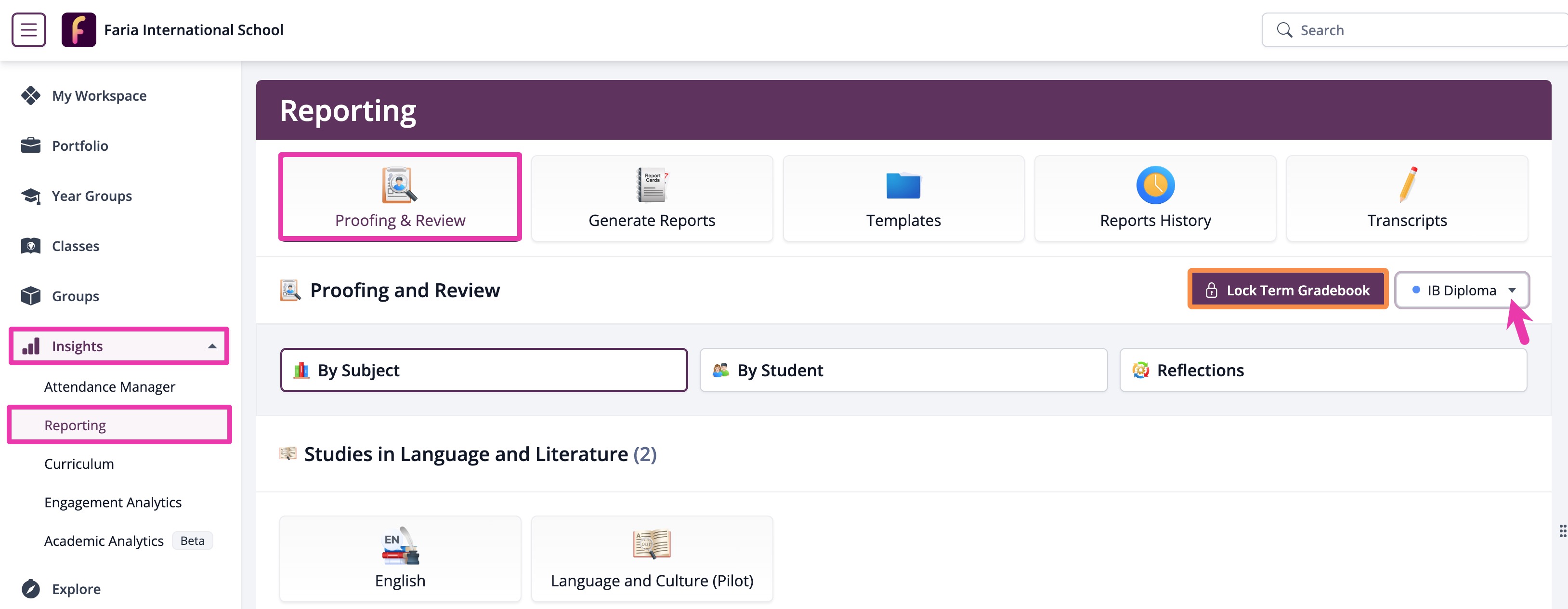 Reporting > Proofing & Review > Select Programme from dropdown menu > Lock Term Gradebooks .jpg