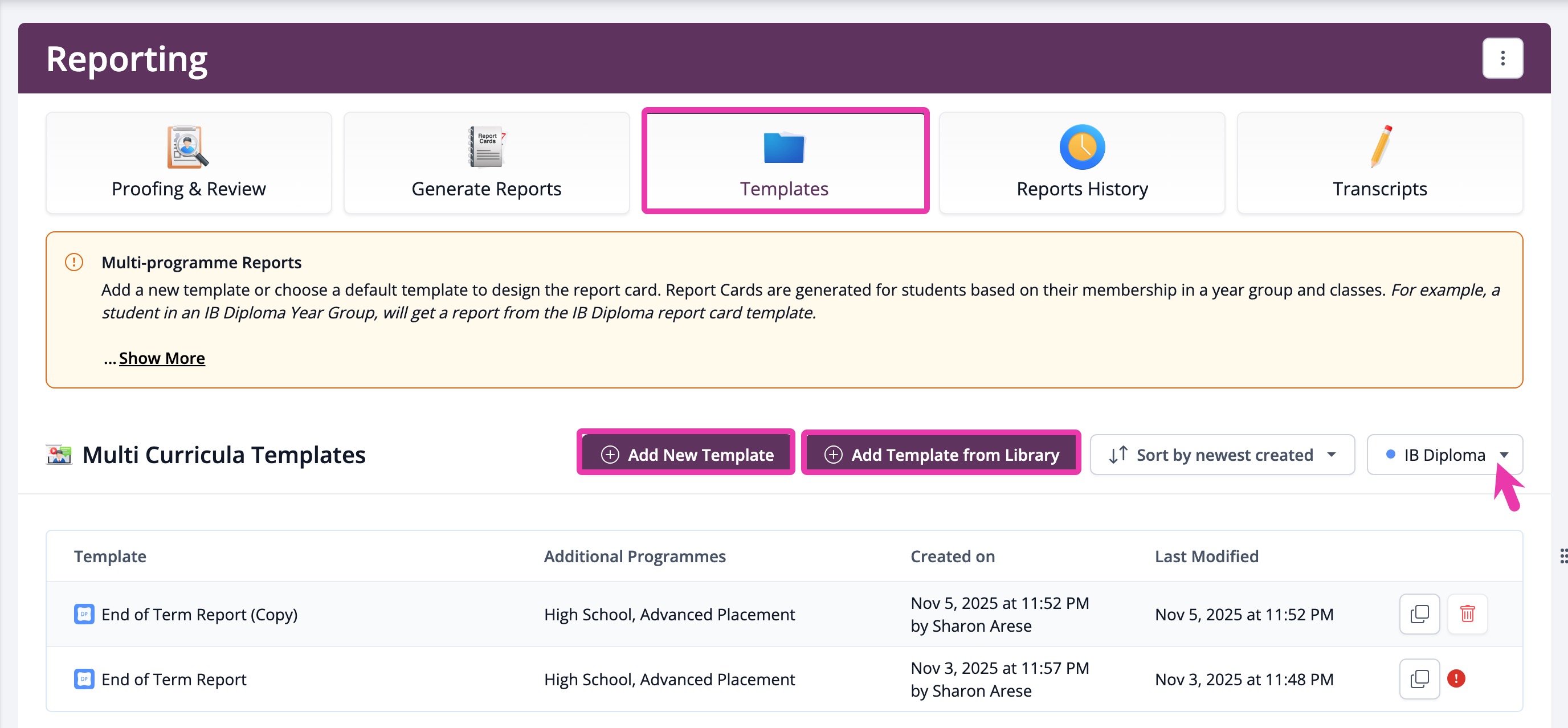Reporting > Templates > Add New Template or Add Template.jpg