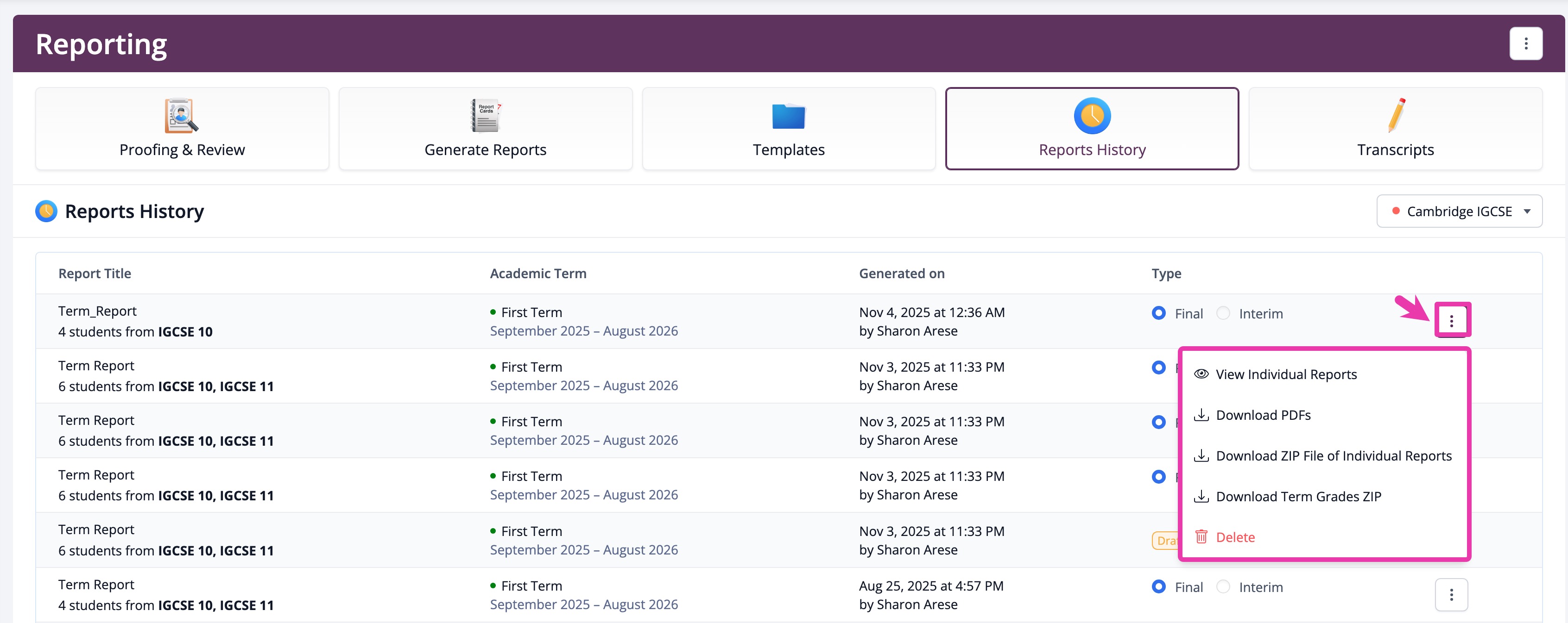Navigate to Reports History to download a zip file of all reports via the 3 dot button for all generated reports.jpg