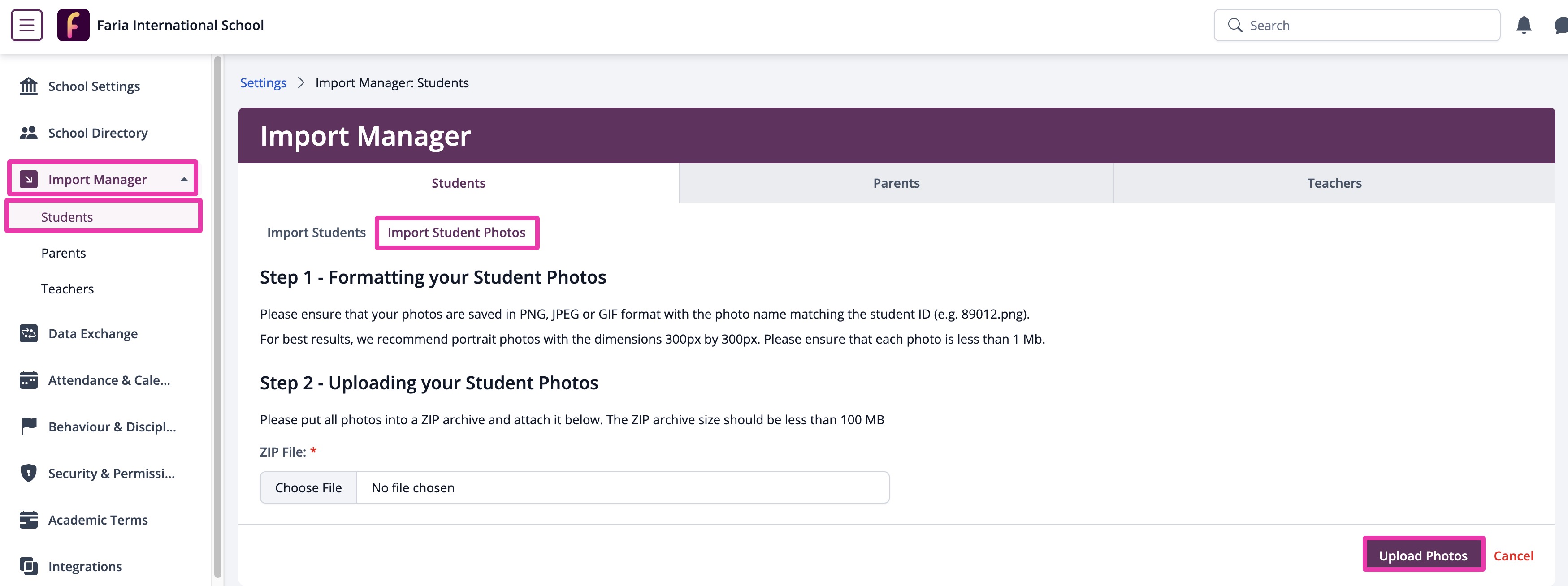 Settings > Import Manager > Students > Import Student Photos.jpg