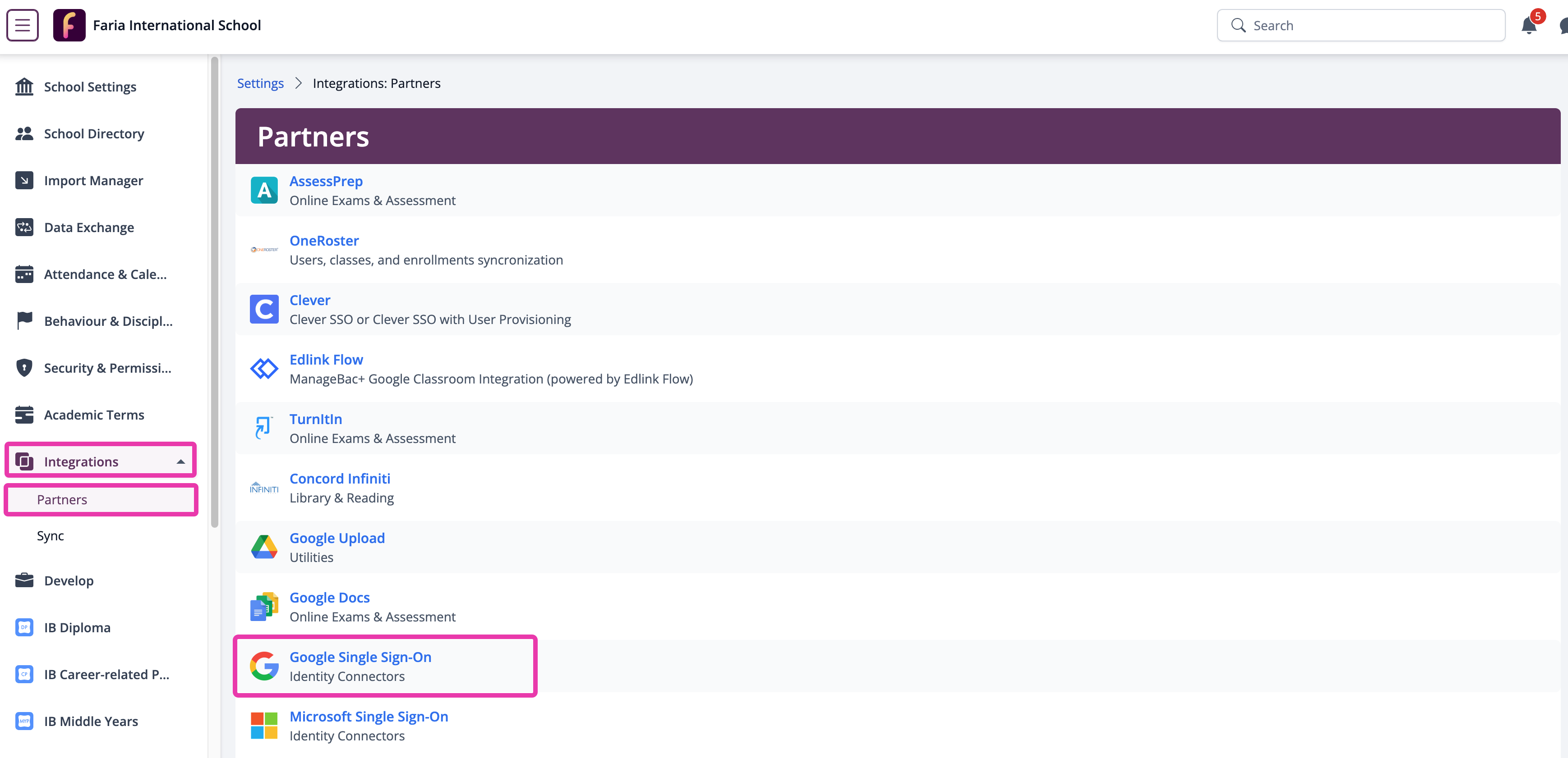 Google Single Sign-on option in Integrations Partners settings