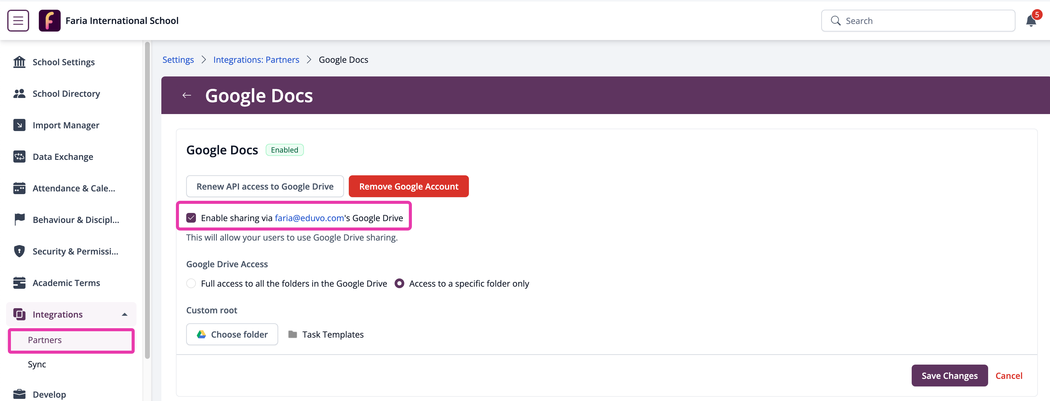 Google Docs integration settings in ManageBac+