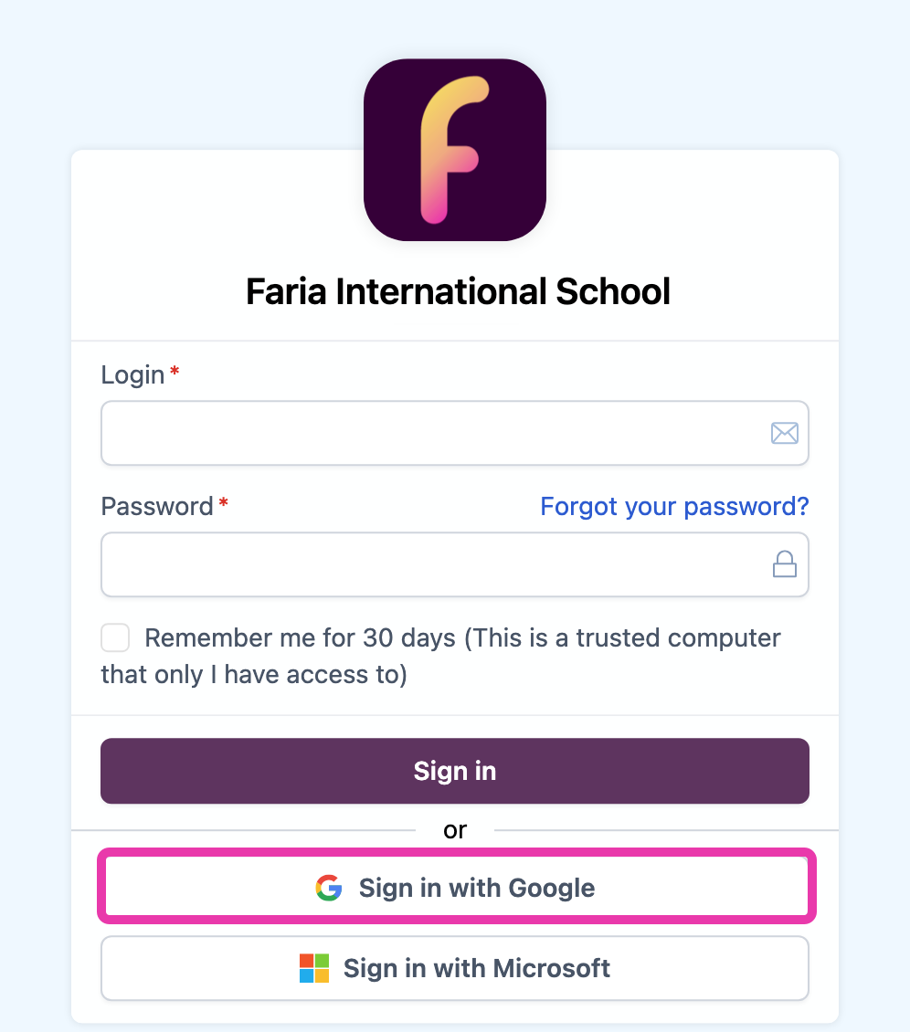 ManageBac+ login page with Sign in with Google option