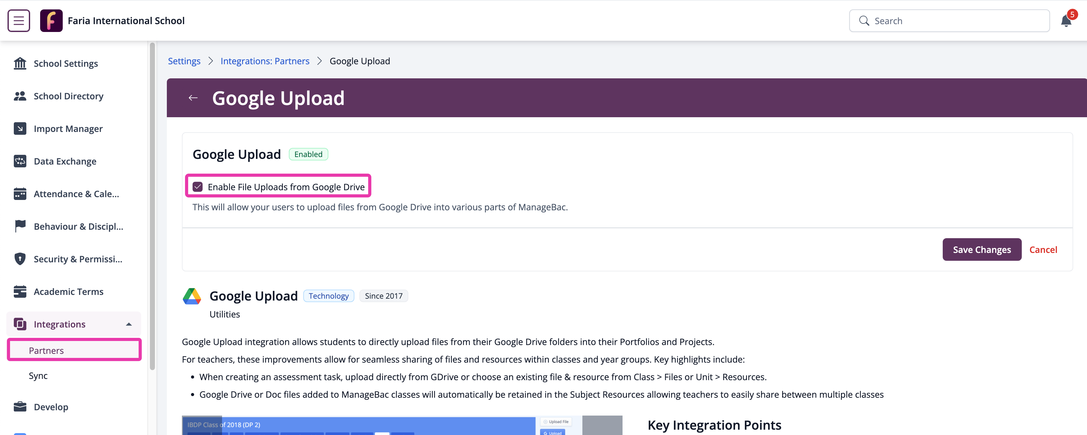 Google Upload integration settings in ManageBac+