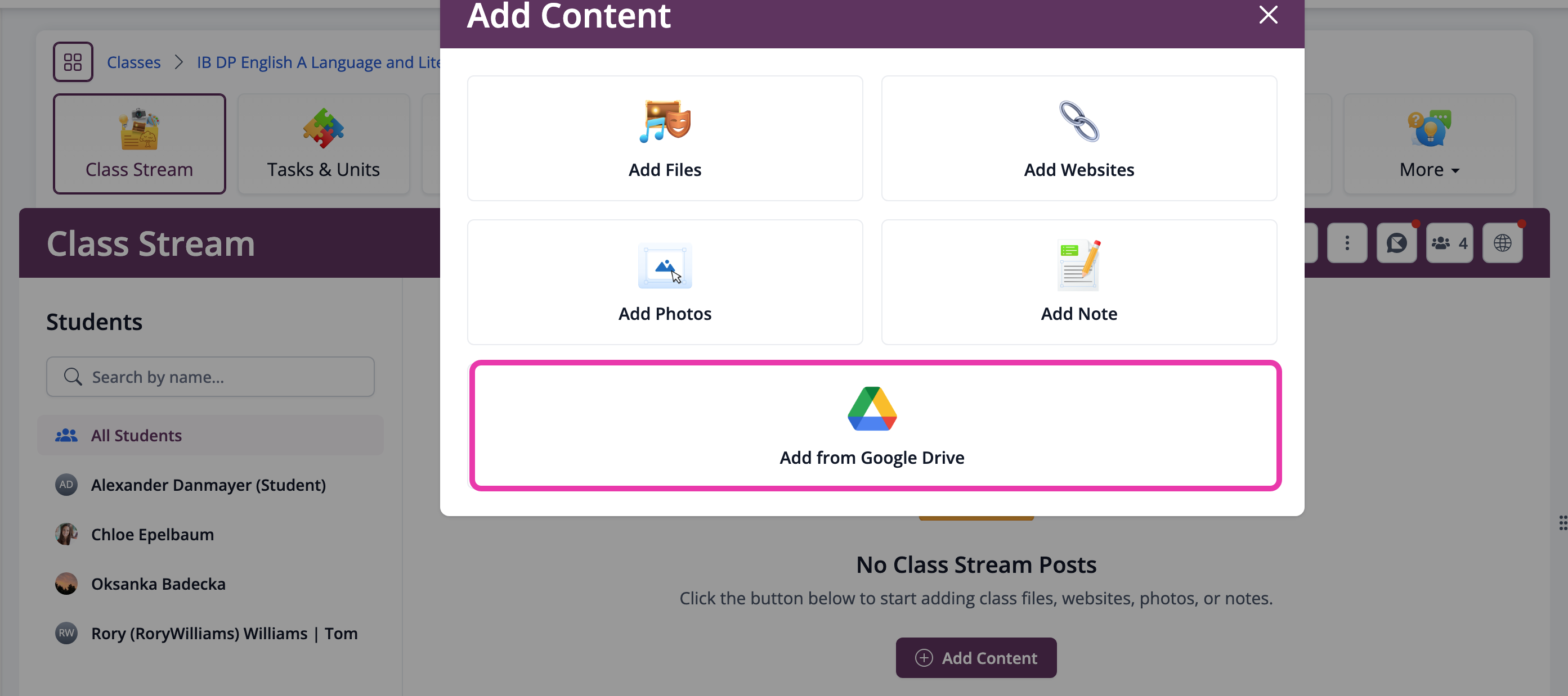 Add from Google Drive file upload option in ManageBac+