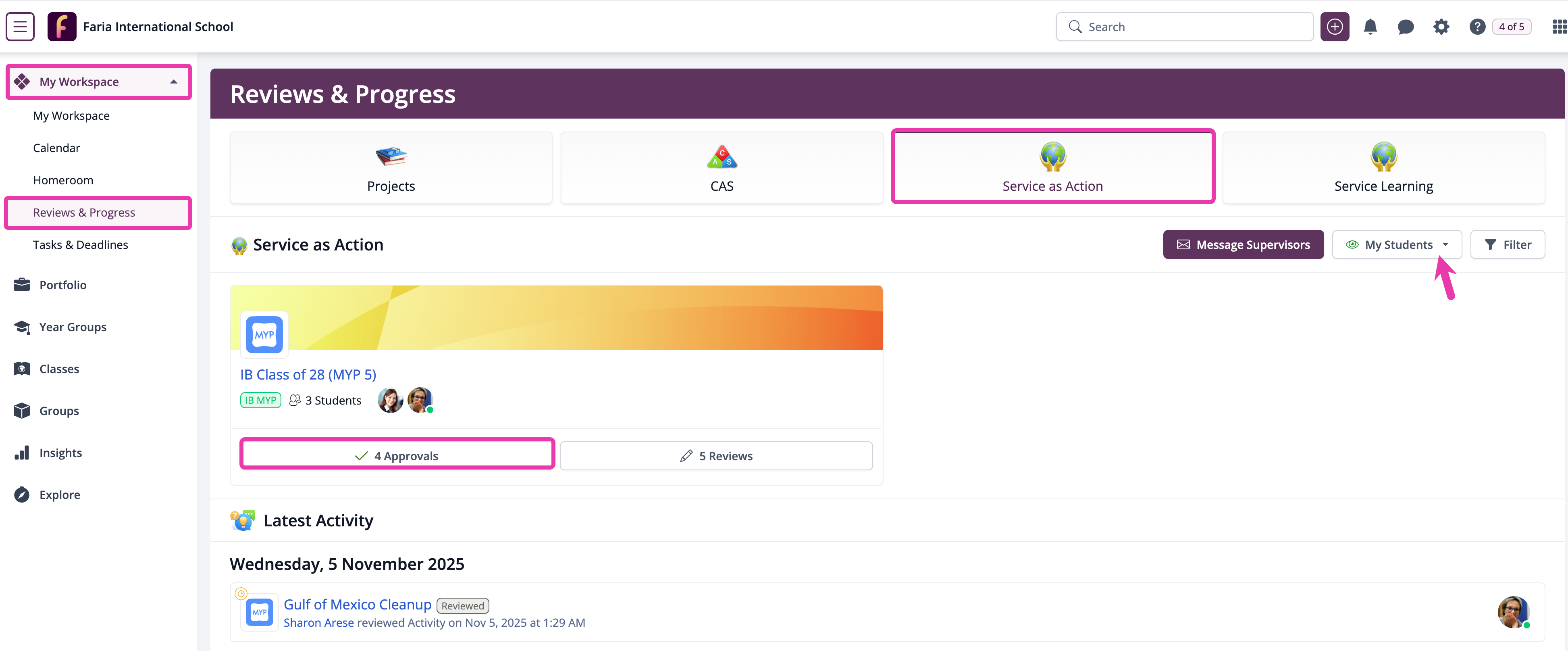 Service as Action approvals tab in Reviews and Progress