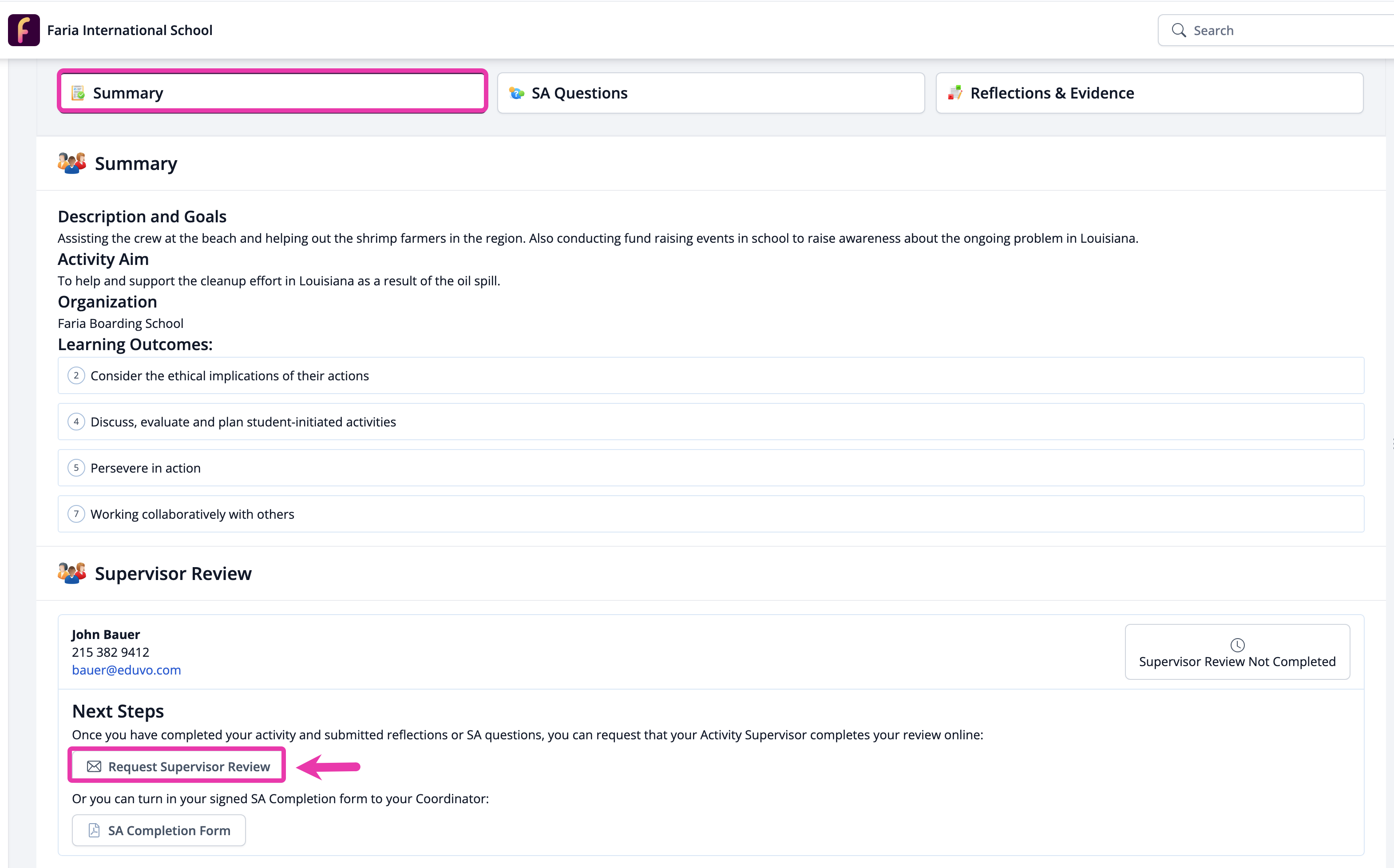 Request Supervisor Review button on a Service as Action activity