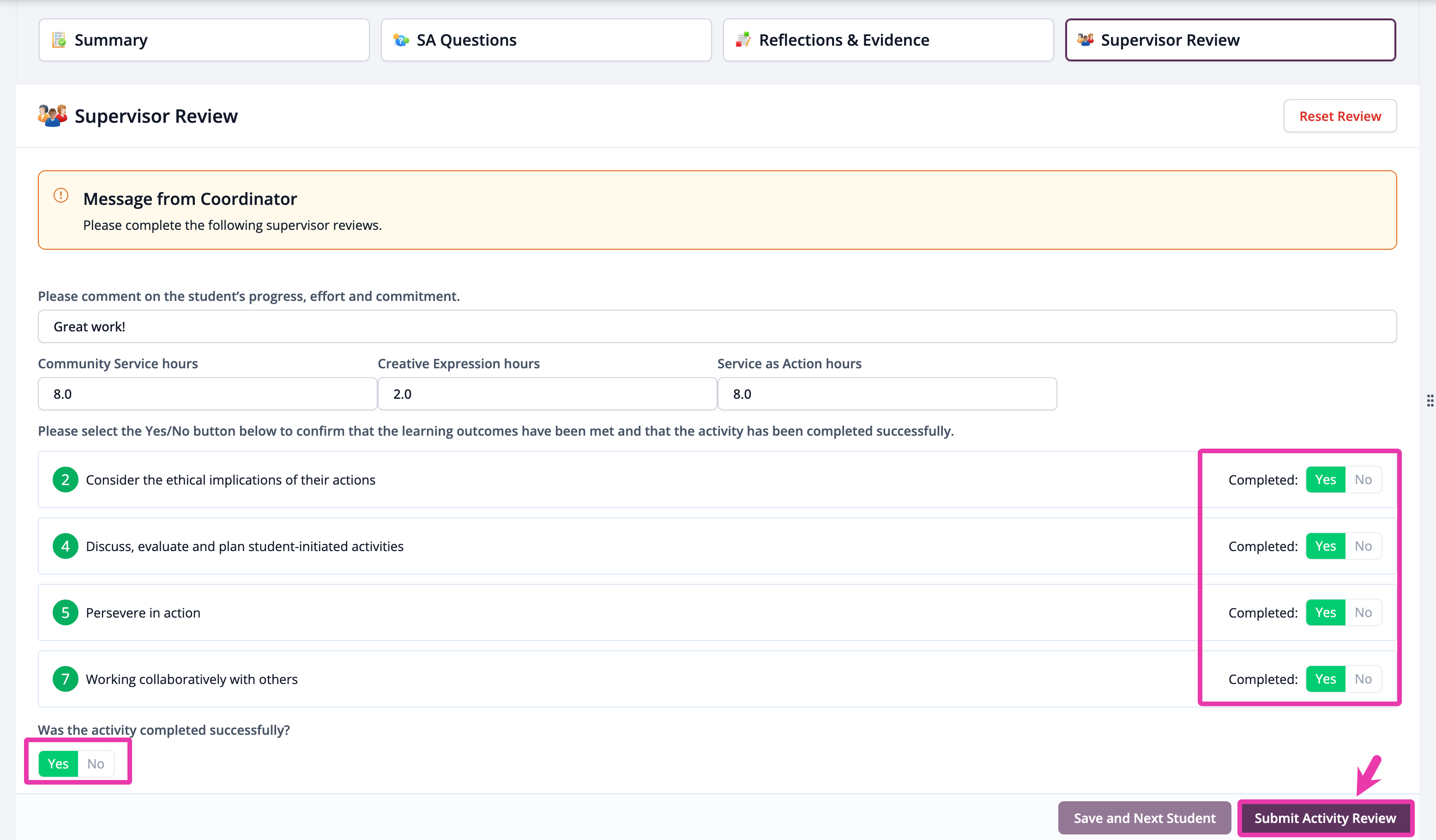 Supervisor review form for a Service as Action activity