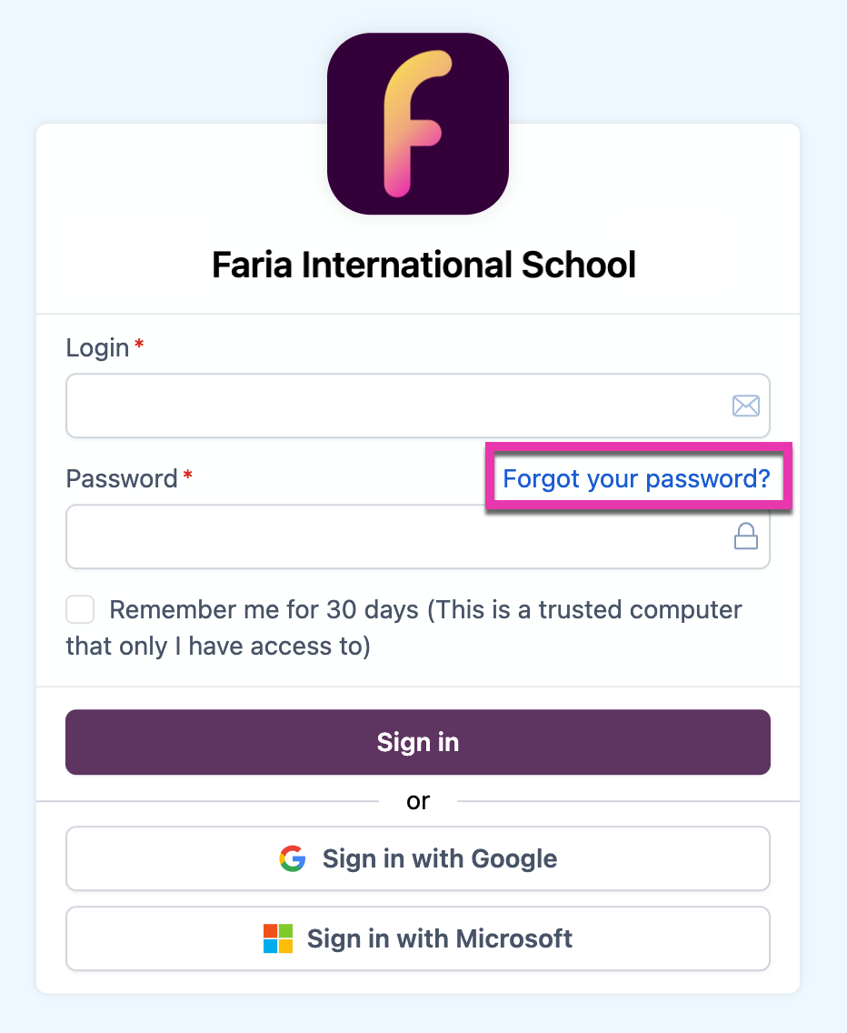 截图：忘记密码时，前往学校的 ManageBac+ 网址并点击忘记密码