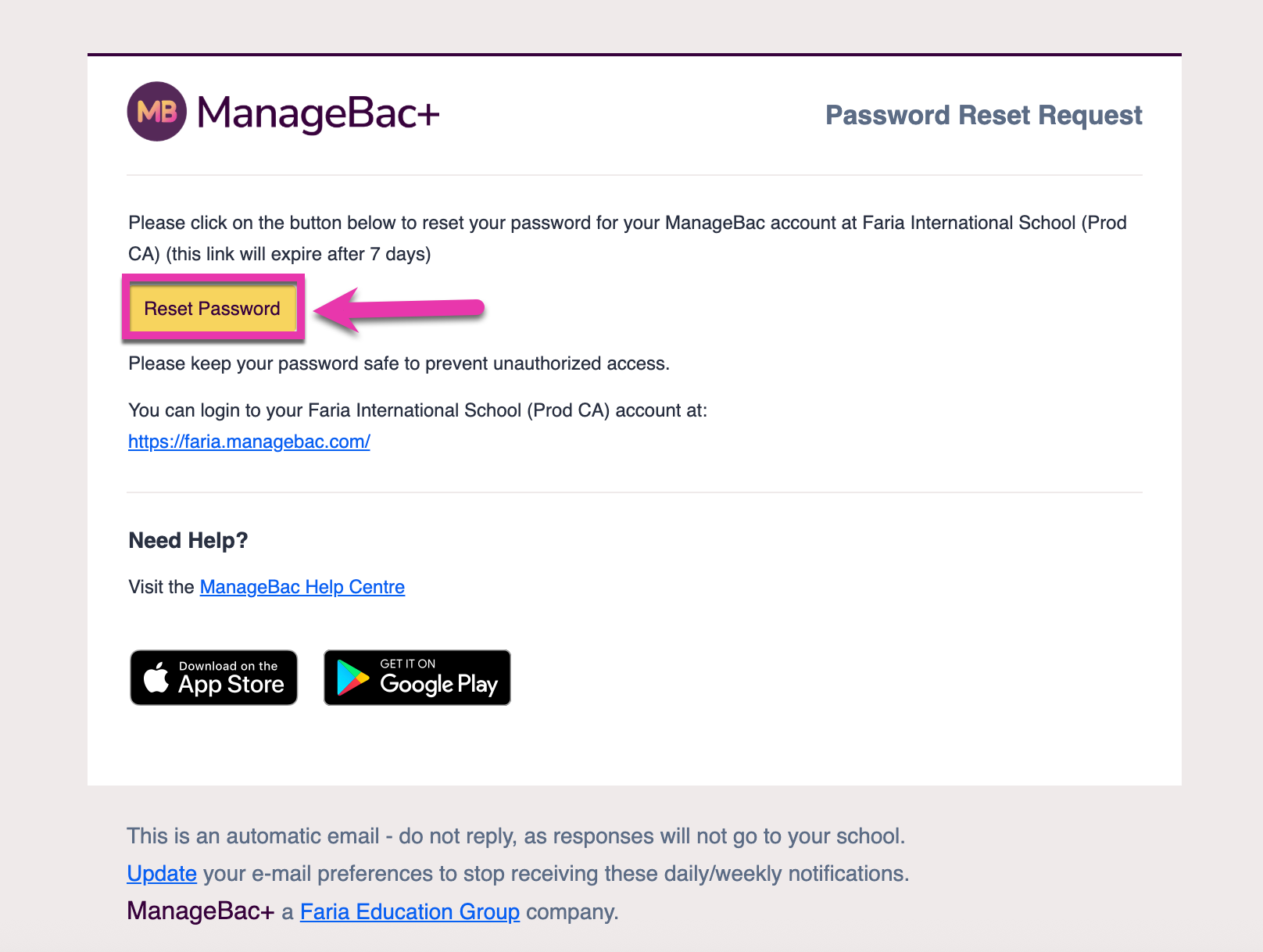 截图：系统发送标题为 Password Reset Request 的邮件