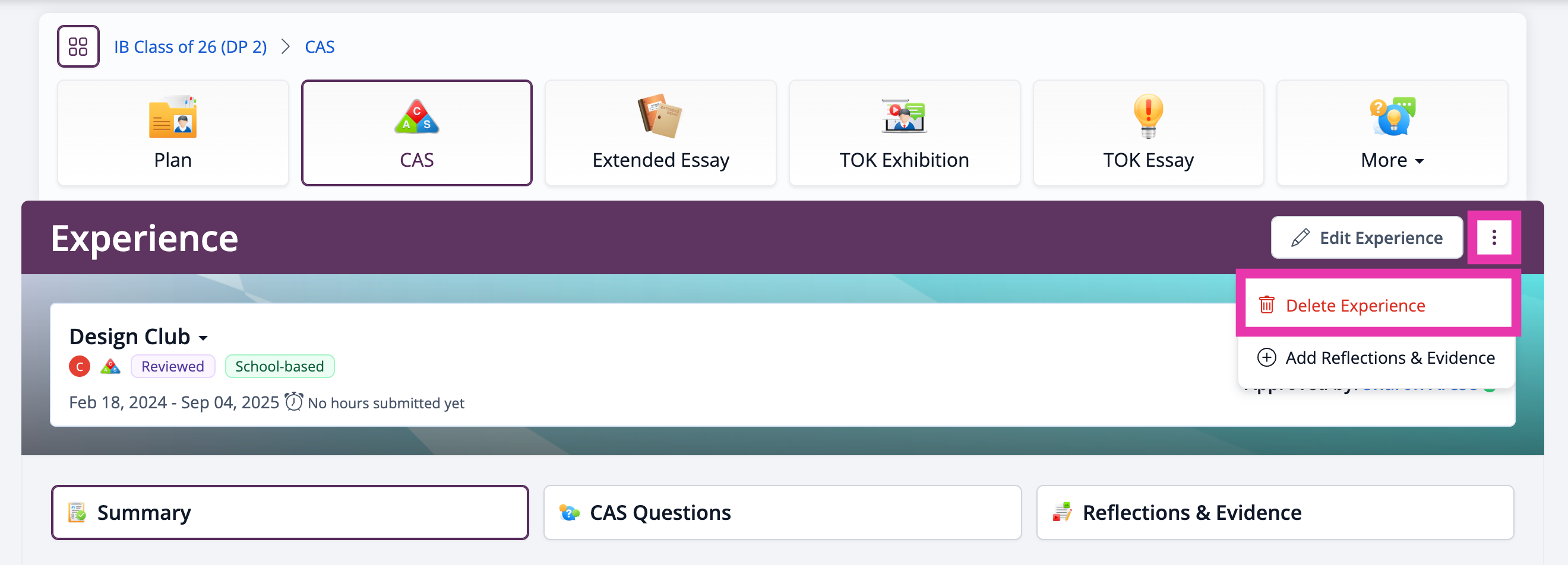 لقطة شاشة: حذف تجربة CAS