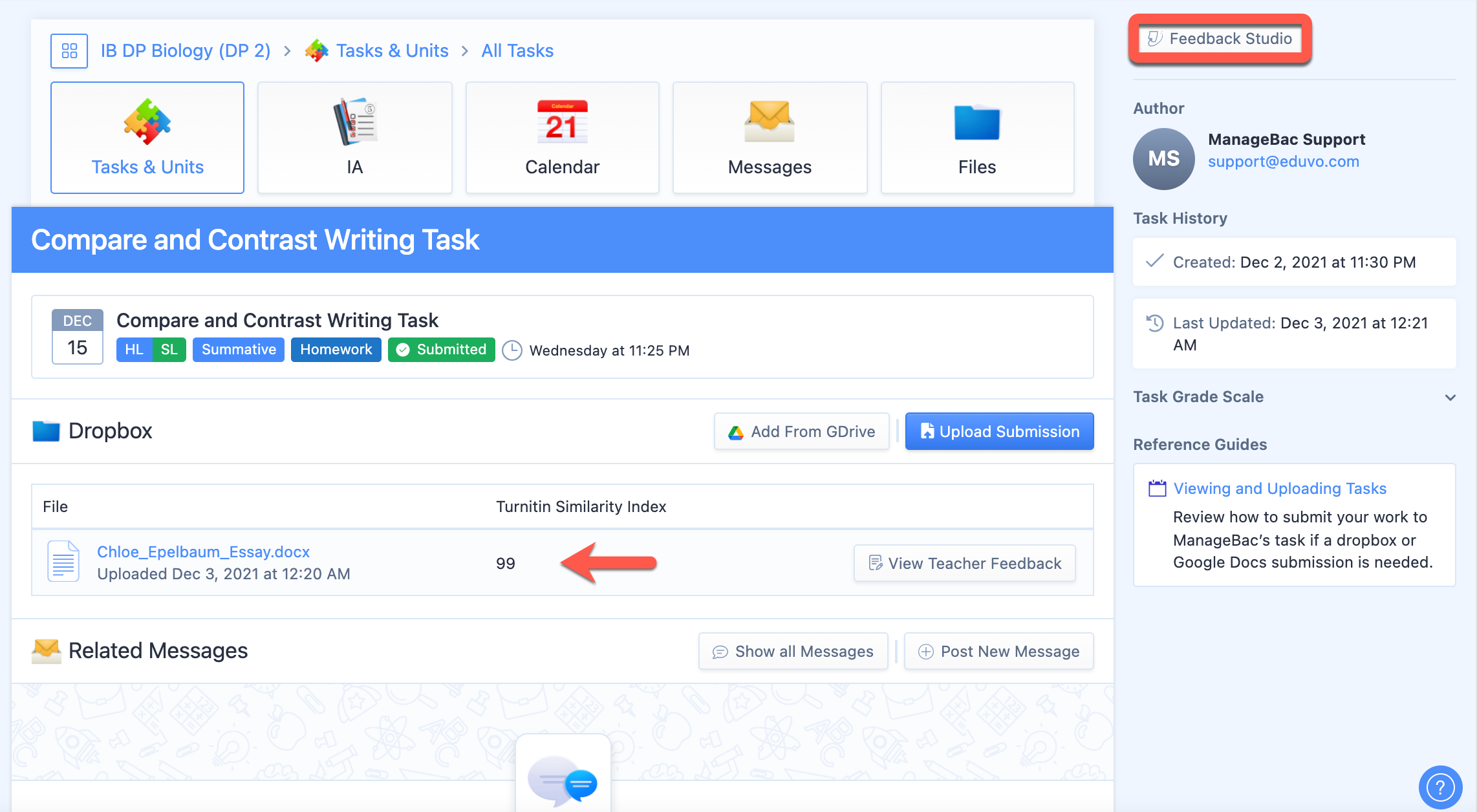 لقطة شاشة: عرض مؤشرات التشابه وتقارير الأصالة في مهام Turnitin