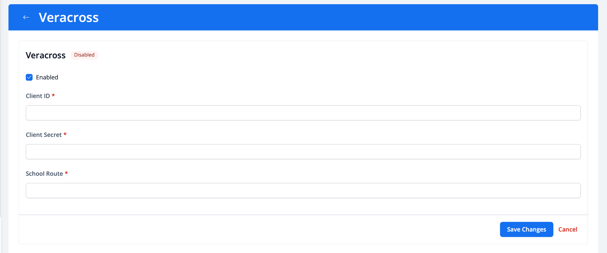屏幕截图：输入 Veracross OAuth2 凭据以启用集成