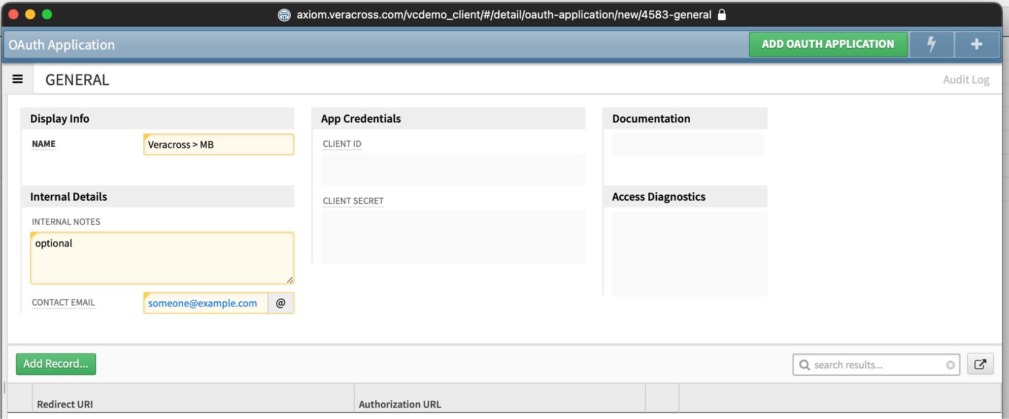 屏幕截图：在 Veracross 中设置 OAuth 应用程序并配置正确的 API 范围