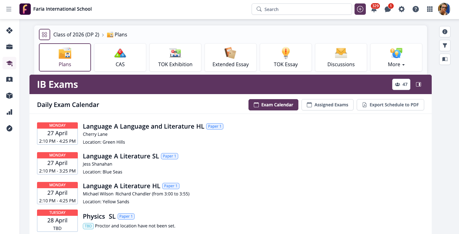 Captura de pantalla: Las fechas de los exámenes del IB DP de mayo de 2026 se han completado para todas las escuelas de la sesión de exámenes de mayo en ManageBac.