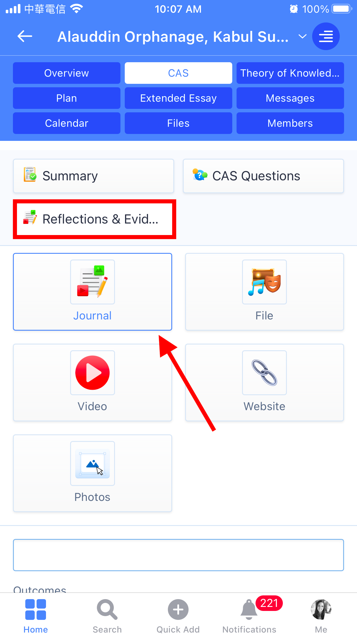 لقطة شاشة: اختر أي تجربة CAS لبدء تحميل "تأملاتك وأدلتك" على شكل إدخالات يومية وملفات