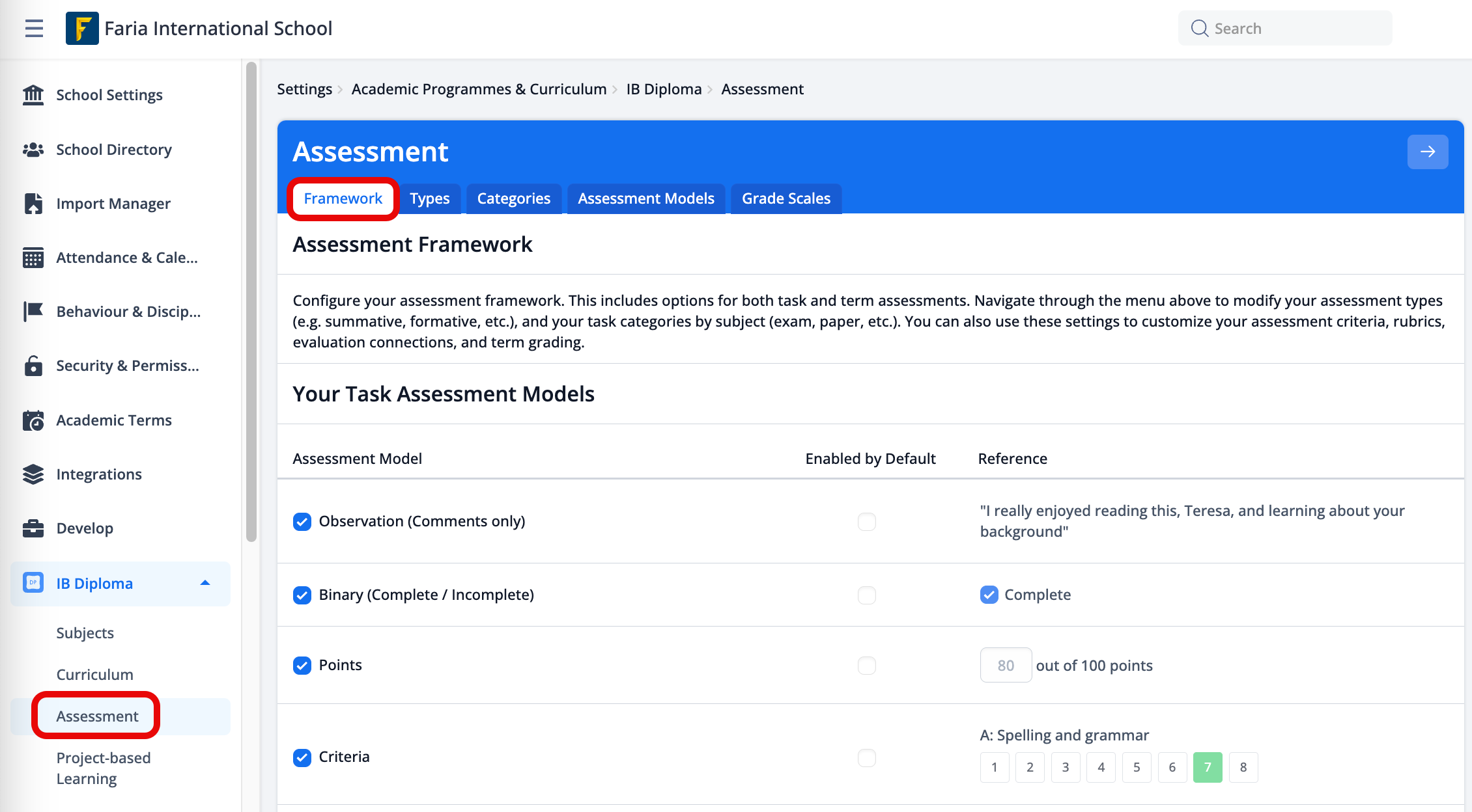 Captura de pantalla: Los administradores pueden configurar los marcos de evaluación de tareas, los tipos de tareas, las categorías y las escalas de calificación a través de Configuración >