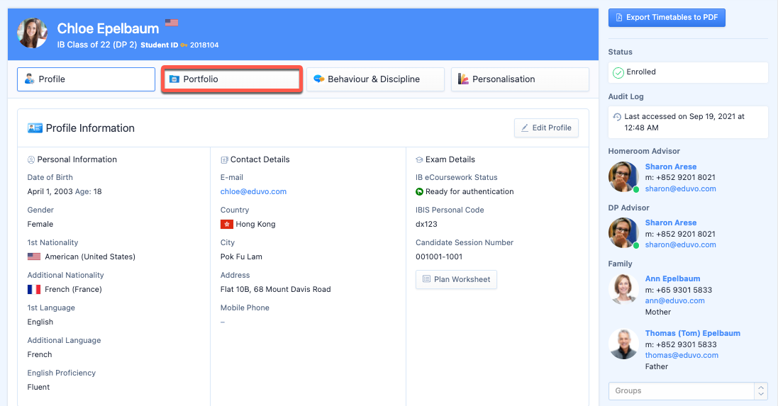 Captura de pantalla: También se puede acceder al portafolio a través de Configuración > Directorio de la escuela > Estudiantes > Buscar estudiante > Perfil >