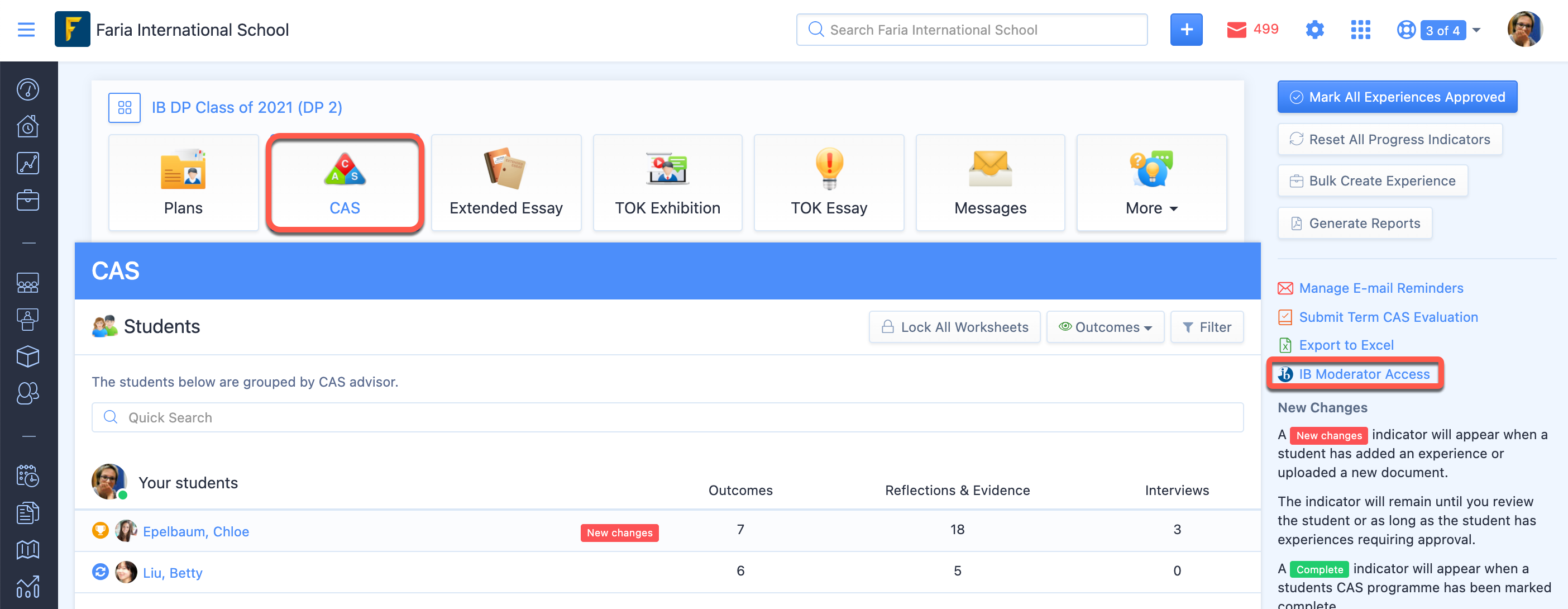 Captura de pantalla: Las escuelas pueden enviar muestras de CAS para la moderación del IB directamente a través de ManageBac+ a través de su lista de CAS > IB