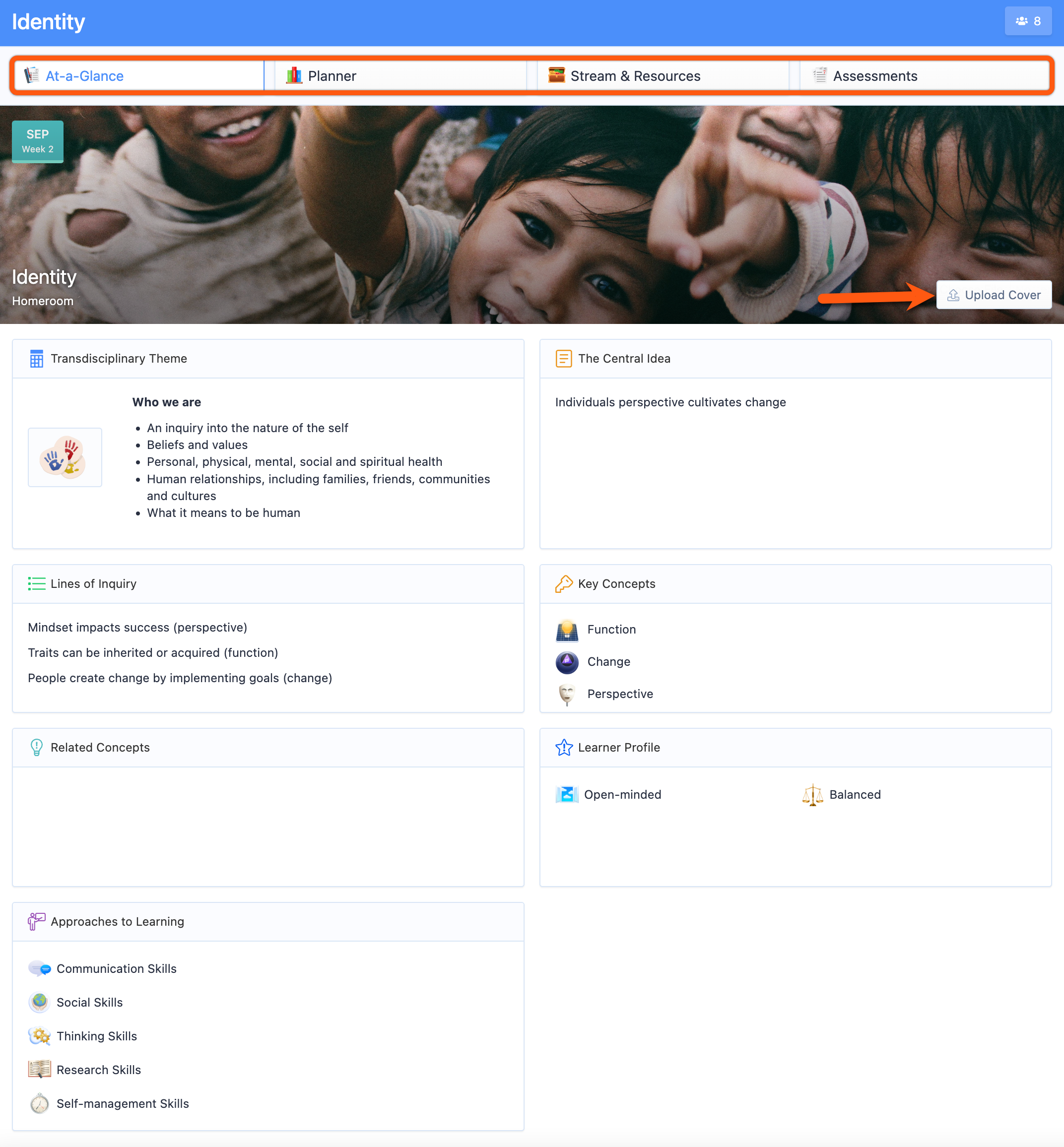 لقطة شاشة: على الرغم من أن ManageBac+ يوفر قوالب افتراضية لبرنامج البكالوريا الدولية للمرحلة الابتدائية (IB PYP)، إلا أنه يمكن لمدرستك تخصيص ذلك عبر الإعدادات.