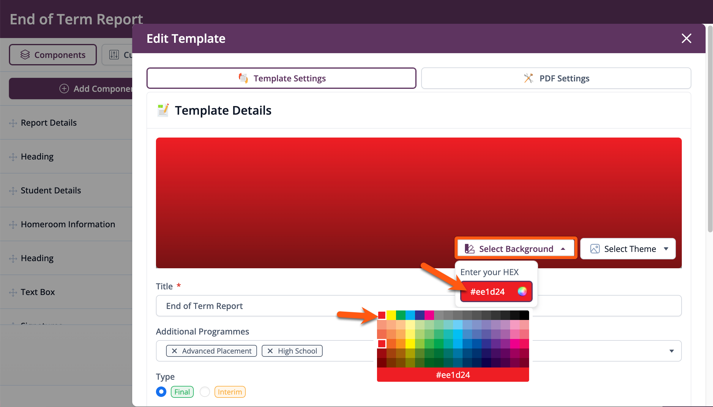 Captura de pantalla: Fondo de color personalizado para boletines de calificaciones multidisciplinarios: 26 de enero de 2026