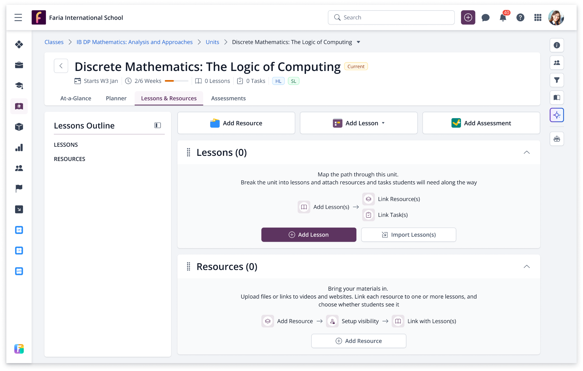 Screenshot: Expanded left navigation in the Lesson experience, so teachers move between sections and content faster