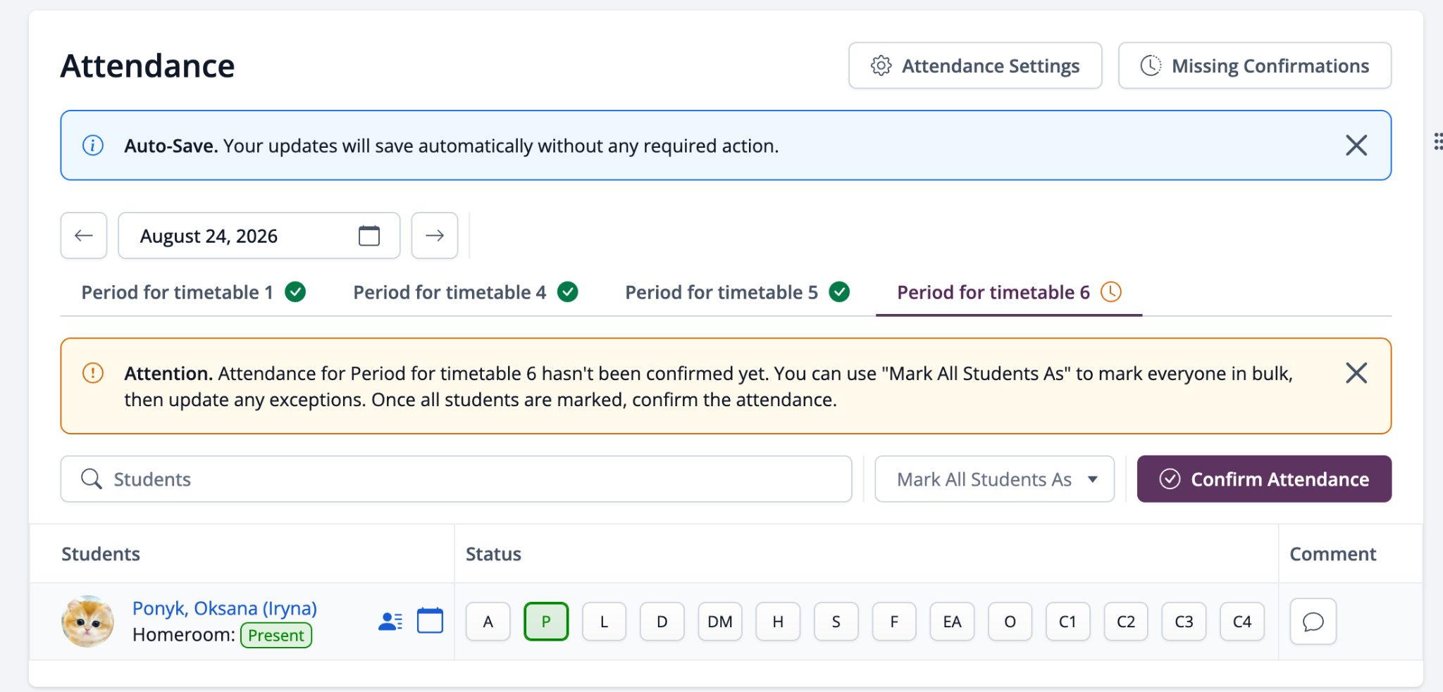 Screenshot: Confirmation is stored per period, so confirming Period 1 says nothing about Period 4