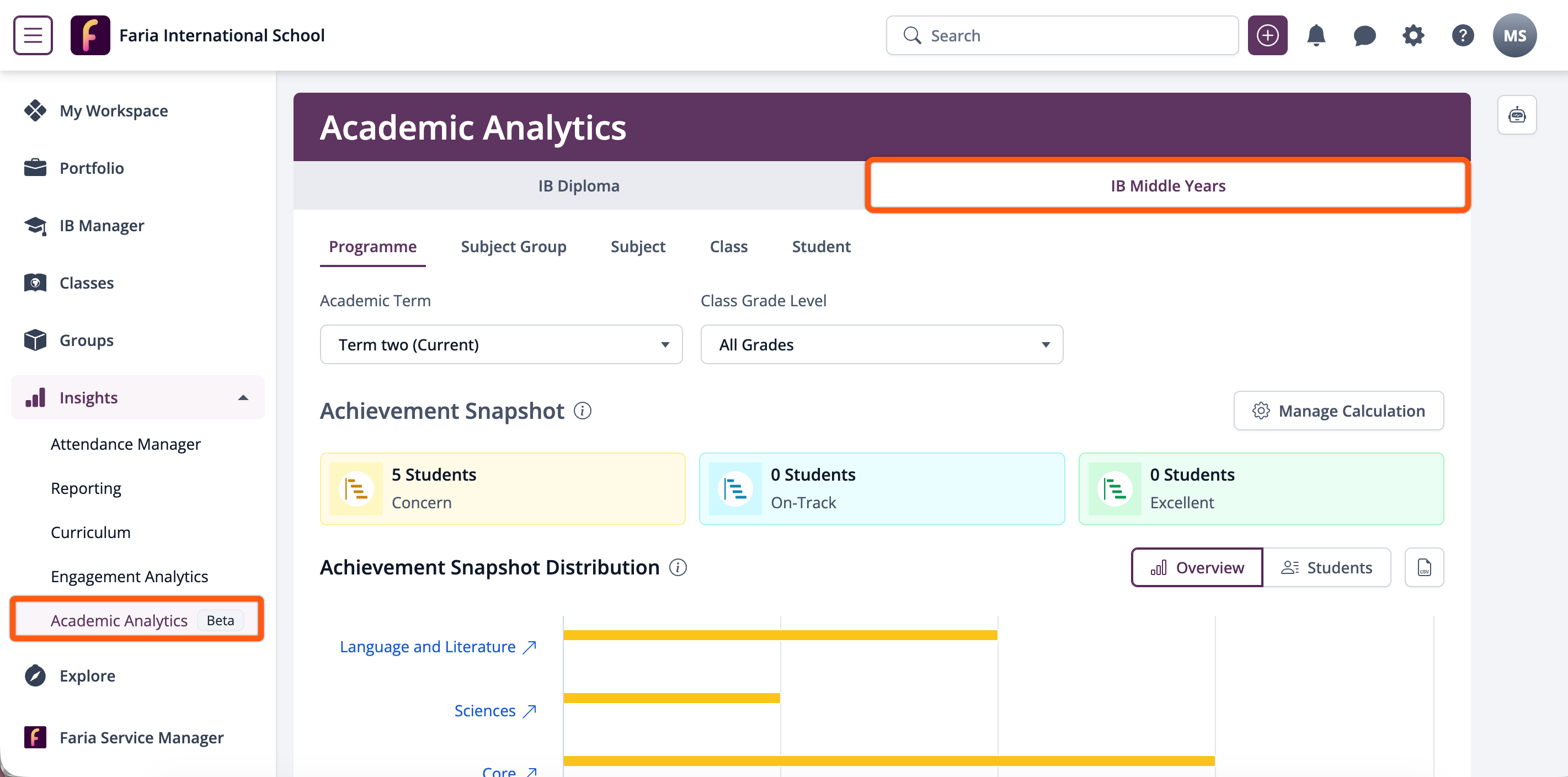 لقطة شاشة: تُقدّم ManageBac+ Academic Analytics الآن لجميع طلاب برنامج السنوات المتوسطة ومنسقيه نفس نموذج التنقل والعمق