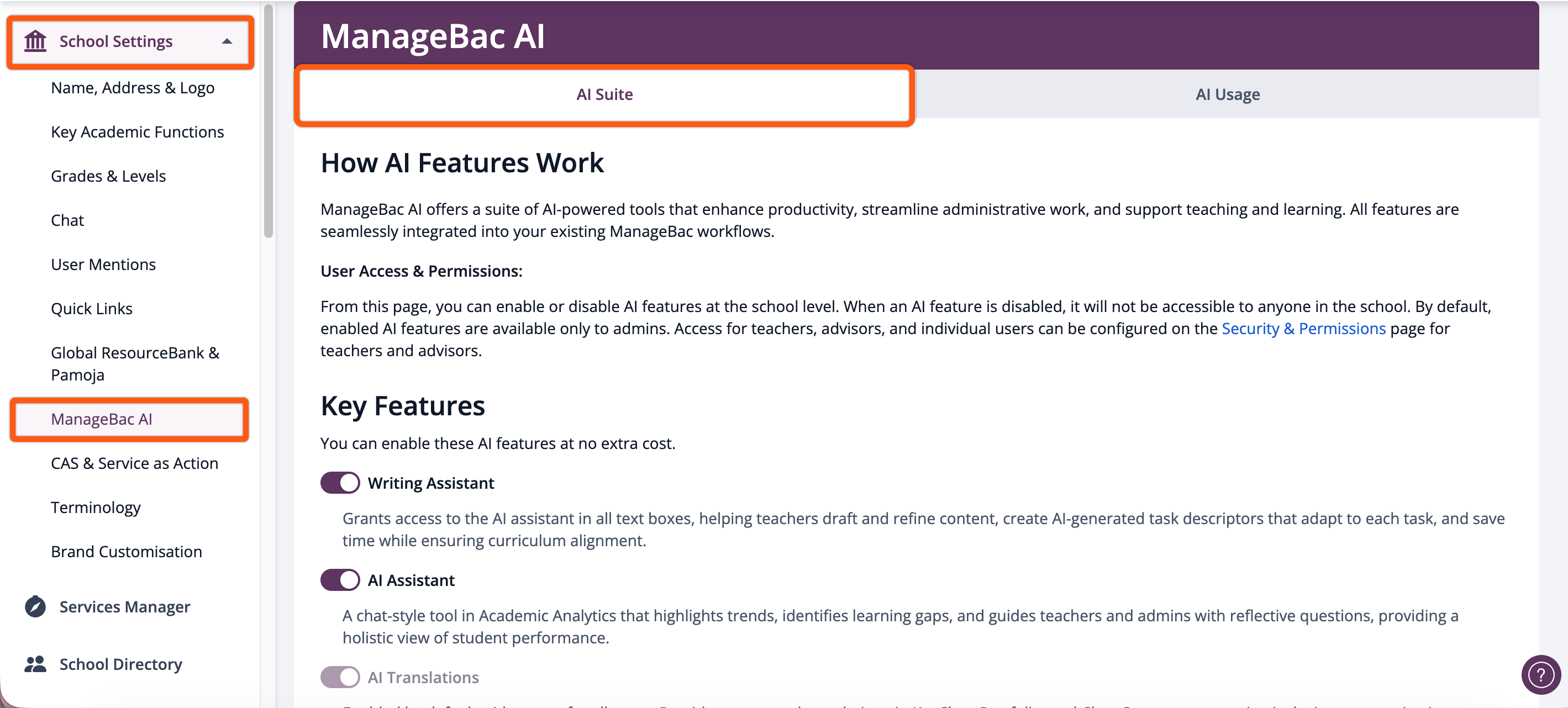 لقطة شاشة: تم تحديث صفحة ManageBac AI عبر الإعدادات > إعدادات المدرسة لتوضيح ماهية ManageBac AI Suite بشكل واضح