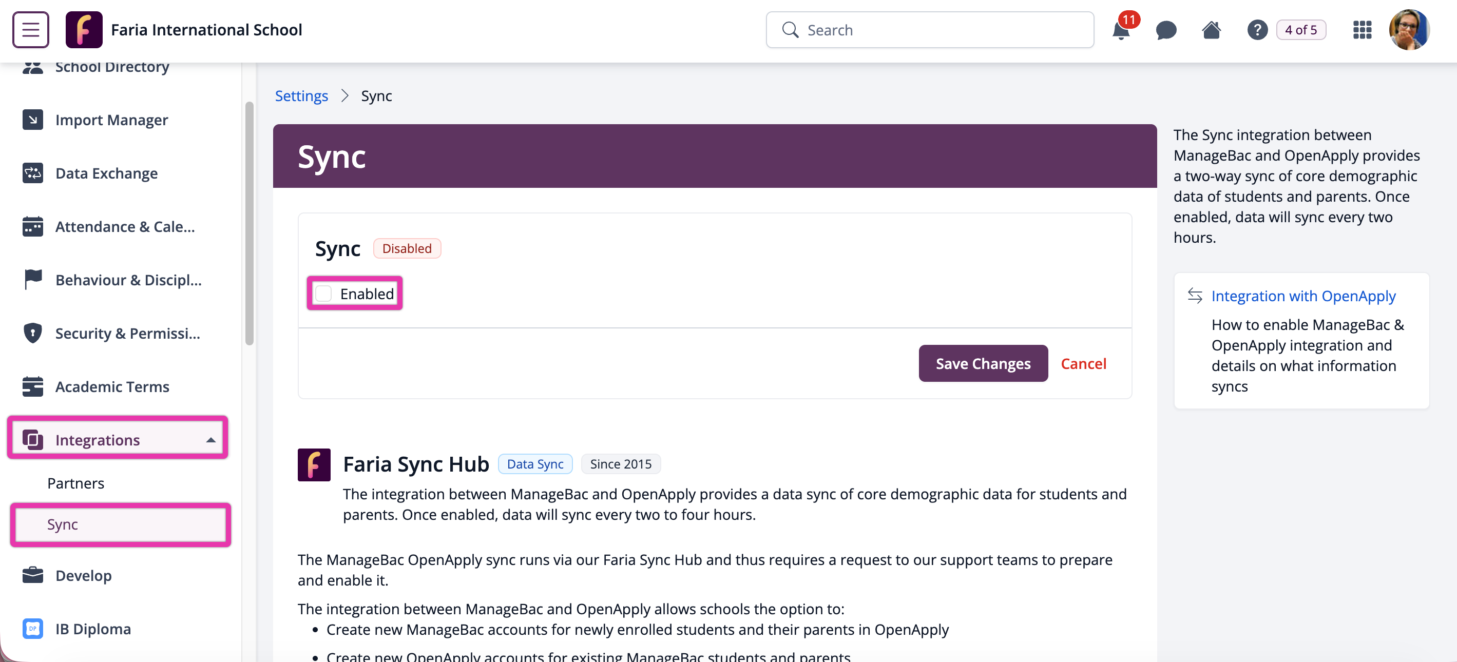 屏幕截图：在 ManageBac+ 中，导航至“设置”>“集成”>“同步”；在 OpenApply 中，导航至“设置”>“集成”>