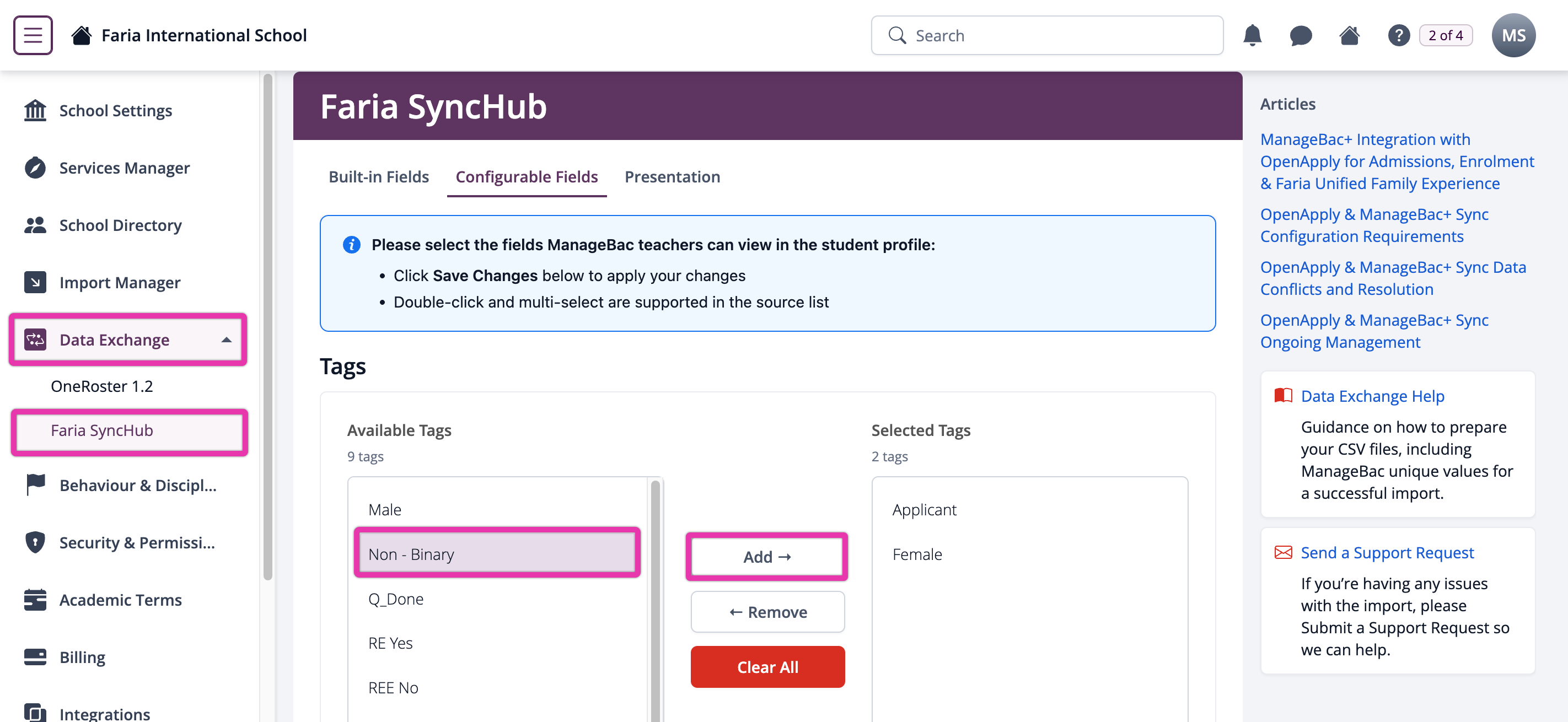 屏幕截图：在“设置”>“SyncHub”下会出现一个“数据交换”模块（仅对启用了SyncHub的学校可见）。