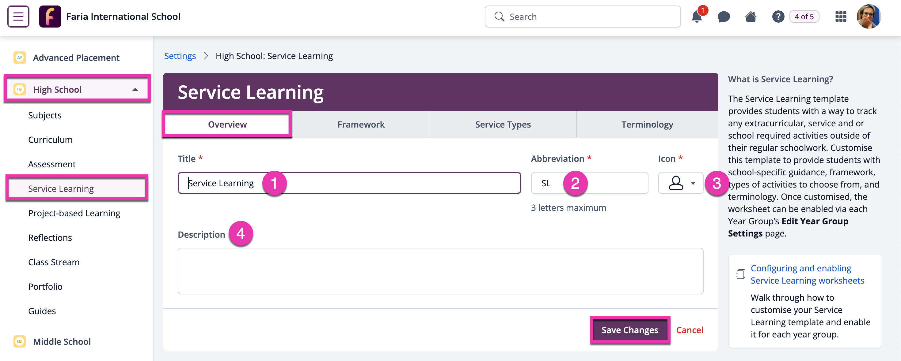Captura de pantalla: Detalles generales de la configuración del aprendizaje de servicios